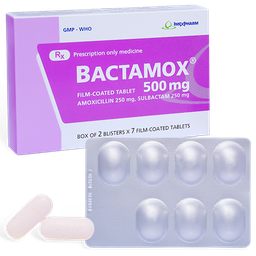 Viên uống Bactamox 500mg giúp điều trị nhiễm khuẩn đường hô hấp dưới, viêm tai giữa và viêm xoang, nhiễm khuẩn da..(Hộp 2 vỉ x 7 viên)
