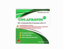 Thuốc Uni-Atropin 1% sử dụng hỗ trợ trong điều trị viêm mống mắt và viêm màng bồ đào (Hộp 20 ống)