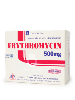 Thuốc Erythromycin 500mg điều trị nhiễm khuẩn đường hô hấp (Hộp 10 vỉ x 10 viên)