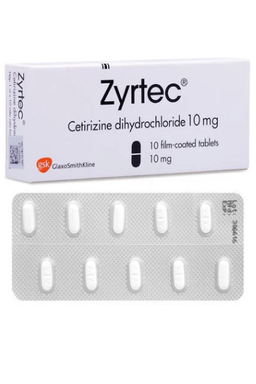 Viên uống Zyrtec 10mg điều trị các triệu chứng về viêm mũi dị ứng theo mùa và quanh năm, mày đay tự phát mạn tính (Hộp 1 vỉ x 10 viên)
