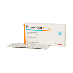 Thuốc Concor 2.5mg điều trị bệnh suy tim mạn tính kèm suy giảm chức năng tâm thu thất trái (Hộp 3 vỉ x 10 viên)