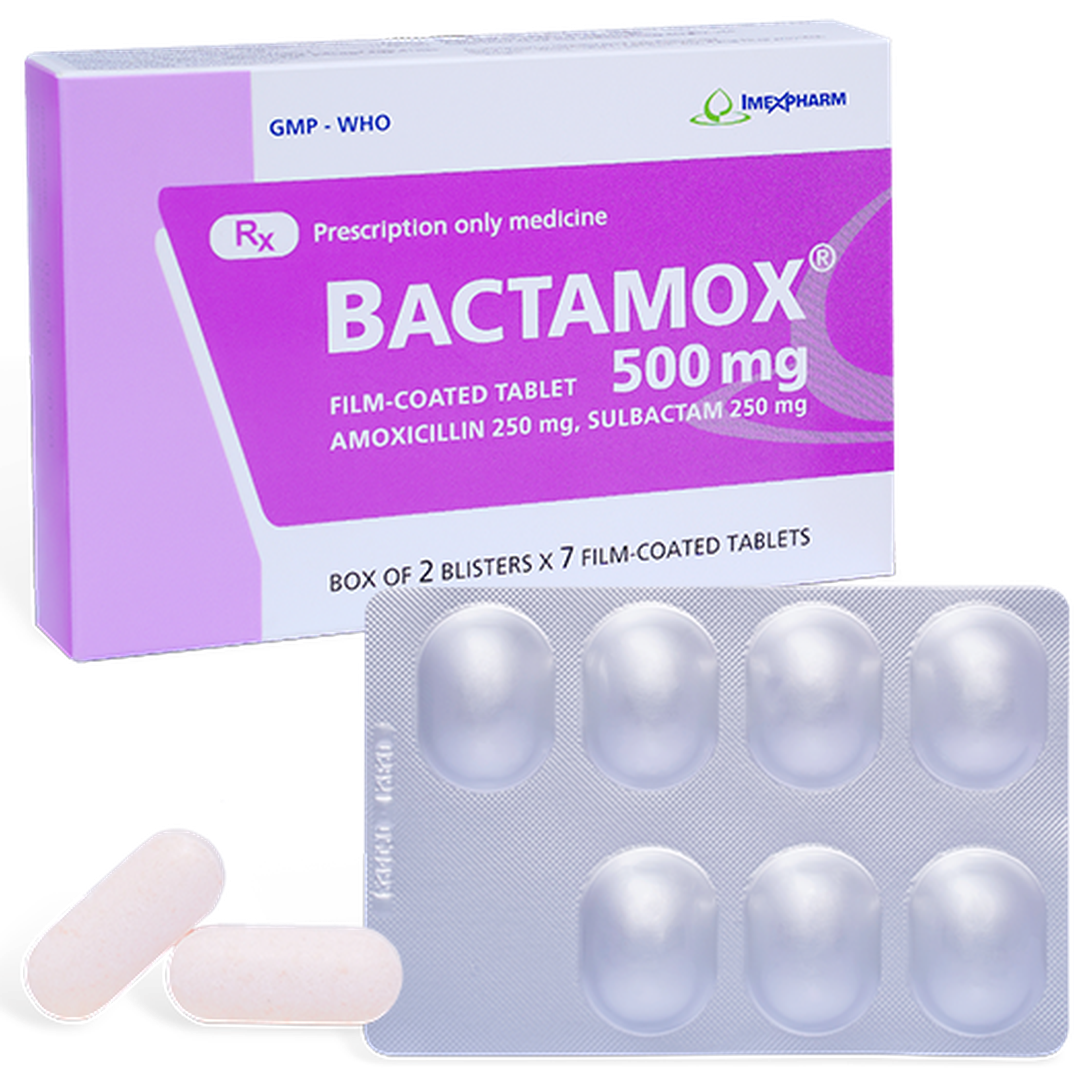 Viên uống Bactamox 500mg giúp điều trị nhiễm khuẩn đường hô hấp dưới, viêm tai giữa và viêm xoang, nhiễm khuẩn da..(Hộp 2 vỉ x 7 viên)