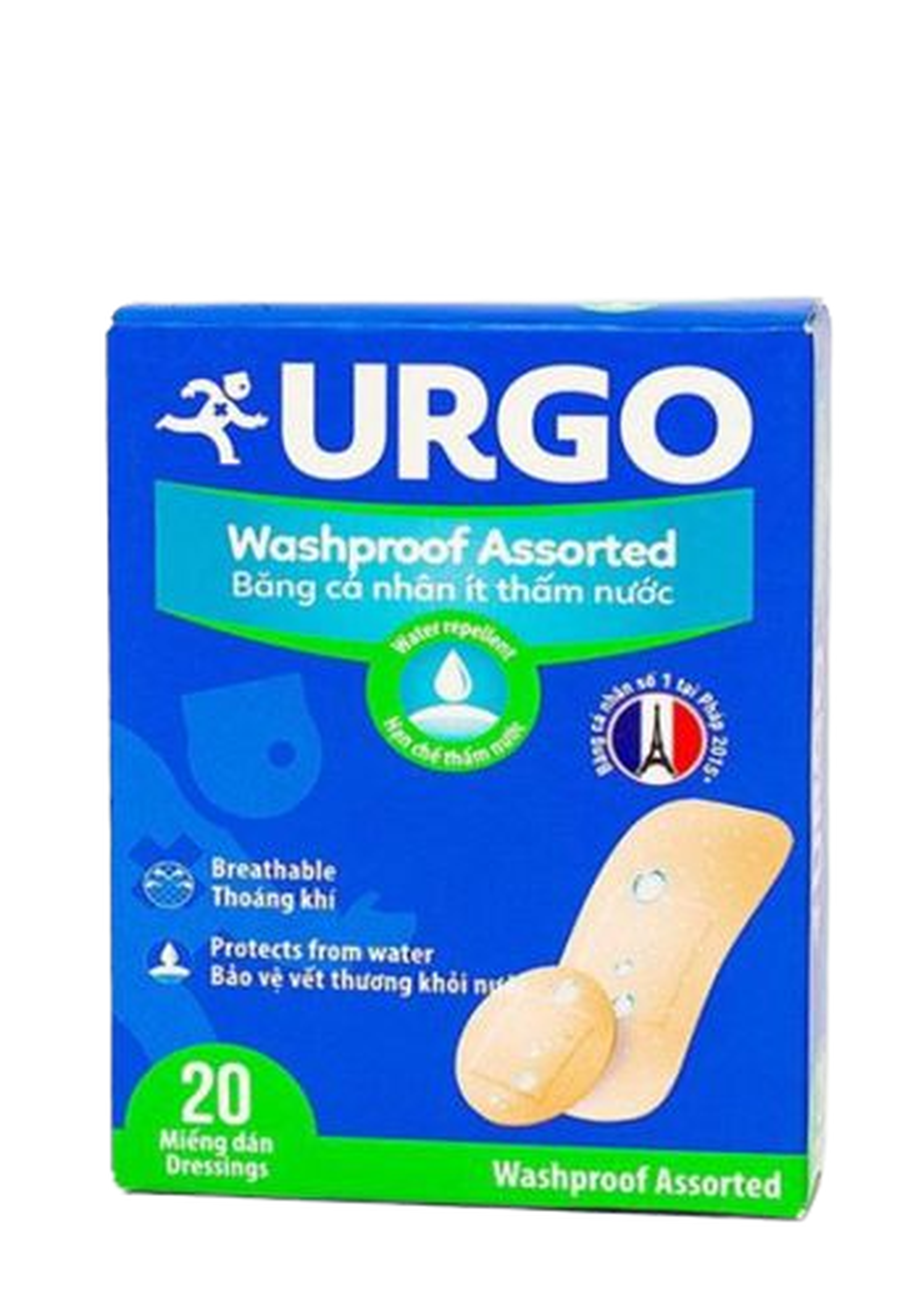 Băng cá nhân Urgo Washproof 4 kích cỡ chống nước (Hộp 20 miếng)