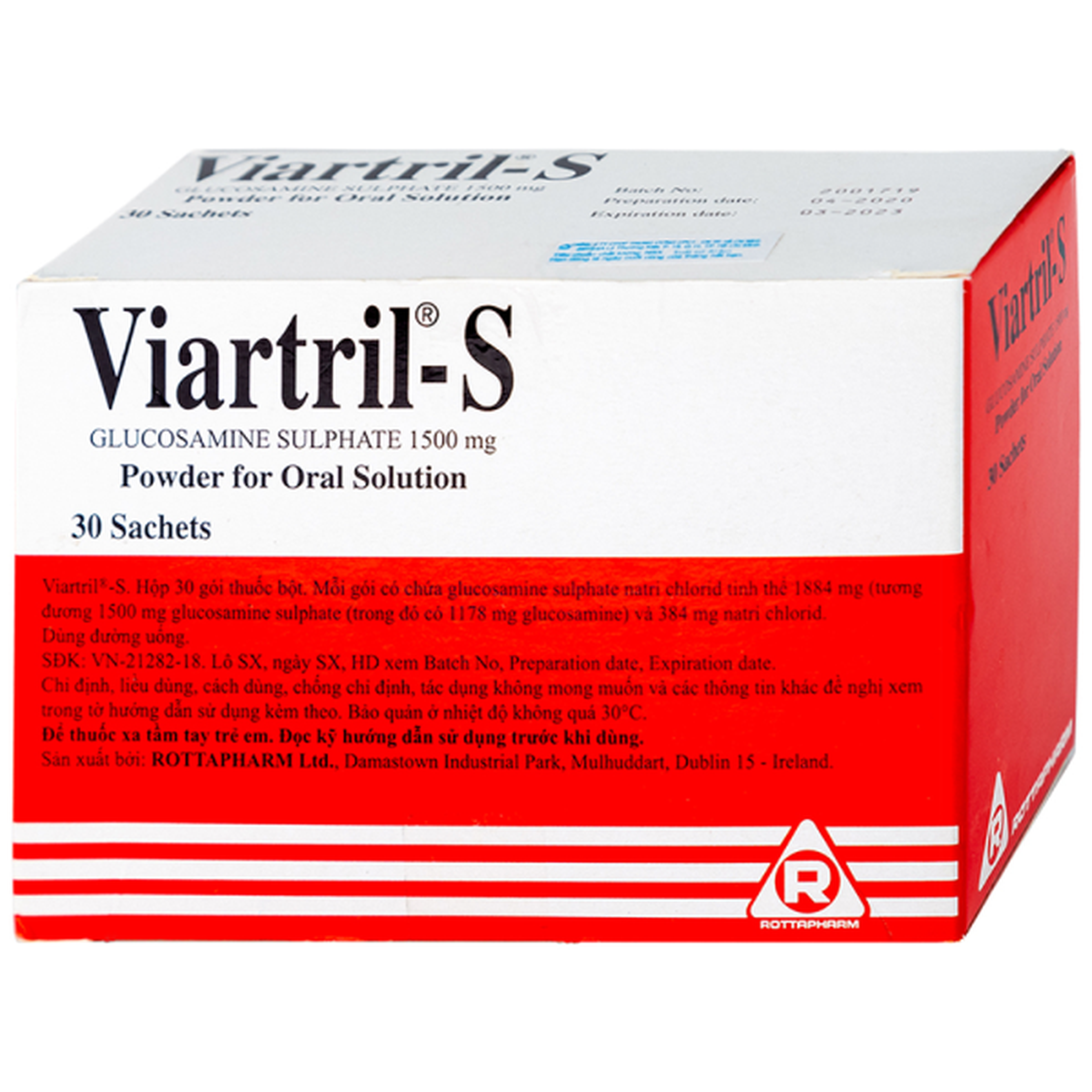 Thuốc bột Viartril-S 1500mg làm giảm triệu chứng của thoái hóa khớp gối nhẹ và trung bình (Hộp 30 gói)