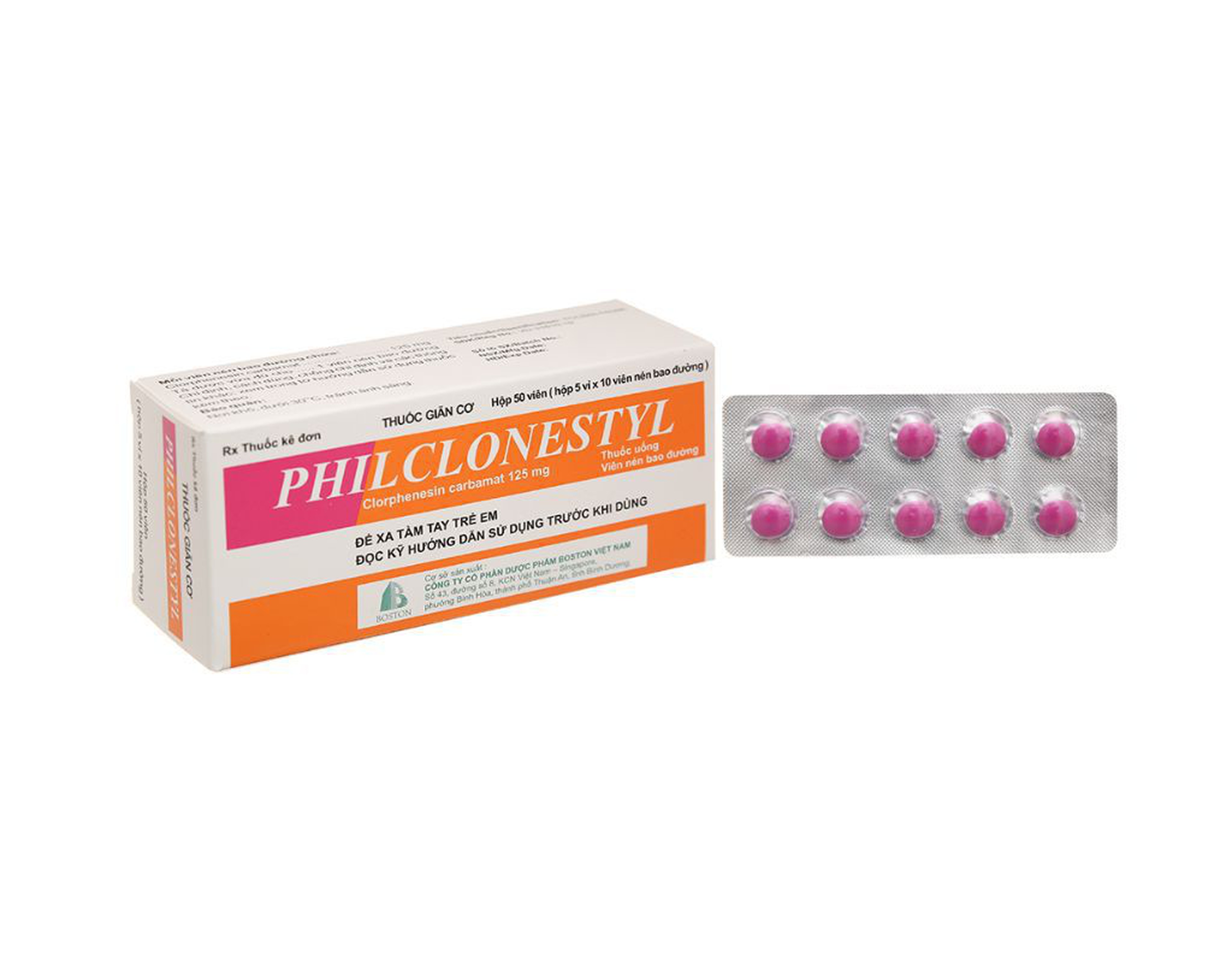 Thuốc Philclonestyl 125mg điều trị các cơm co thắt gây đau cơ xương (Hộp 5 vỉ x 10 viên)