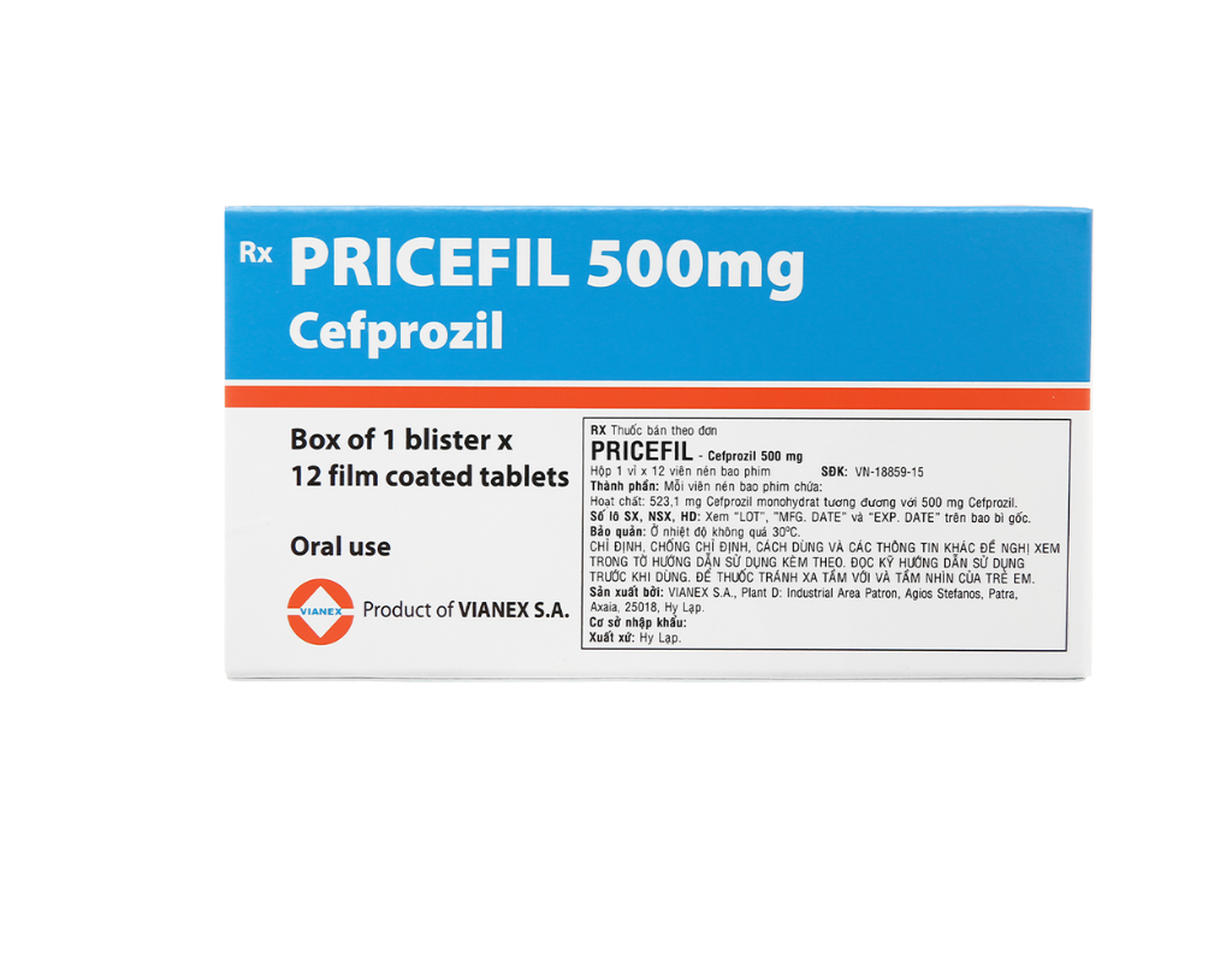 Thuốc Pricefil 500mg điều trị nhiễm khuẩn trên các chủng vi khuẩn nhạy cảm (Hộp 1 vỉ x 12 viên)