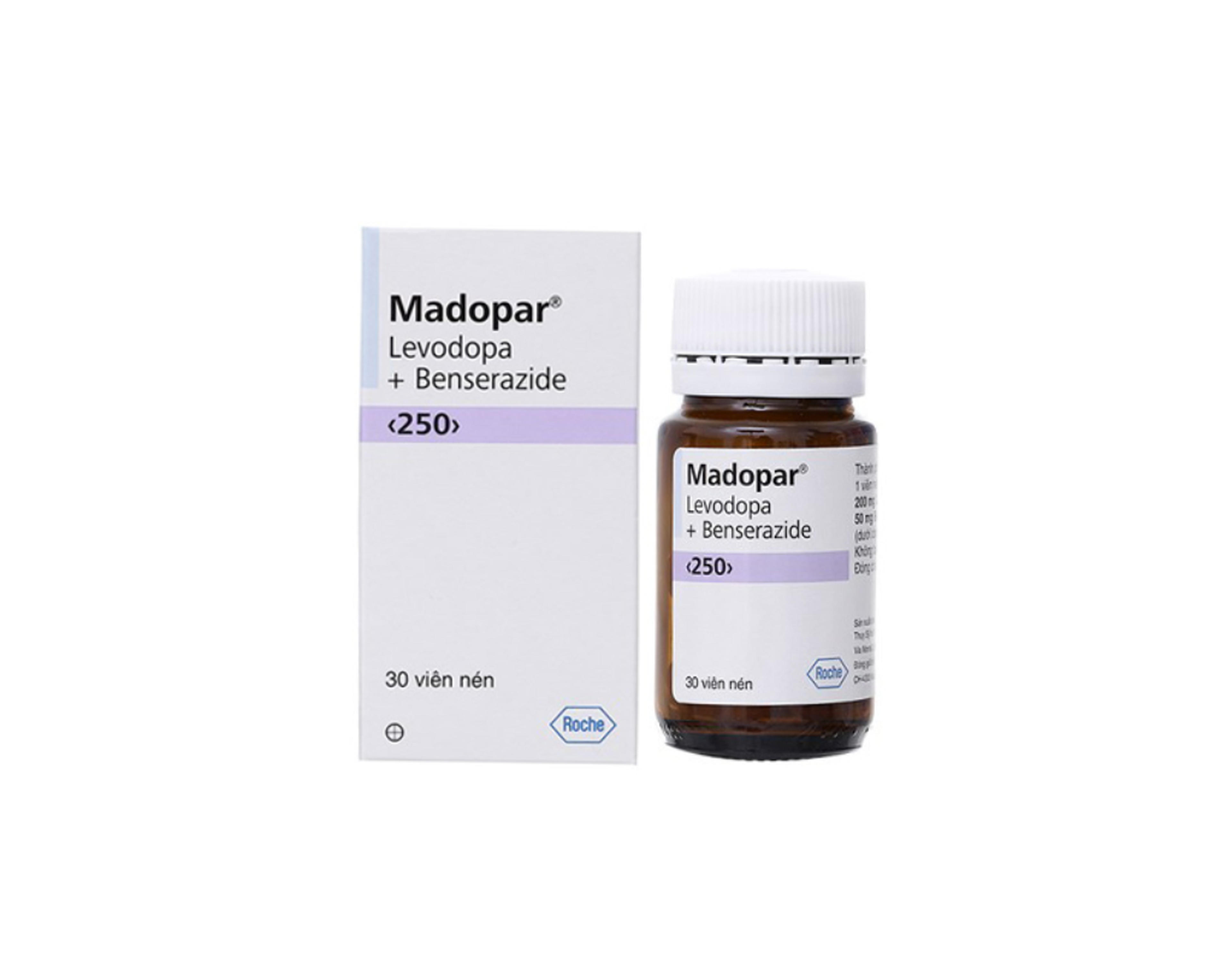 Thuốc Madopar Levodopa And Benserazide 250 Roche điều trị bệnh Parkinson vô căn (Hộp 1 lọ 30 viên)