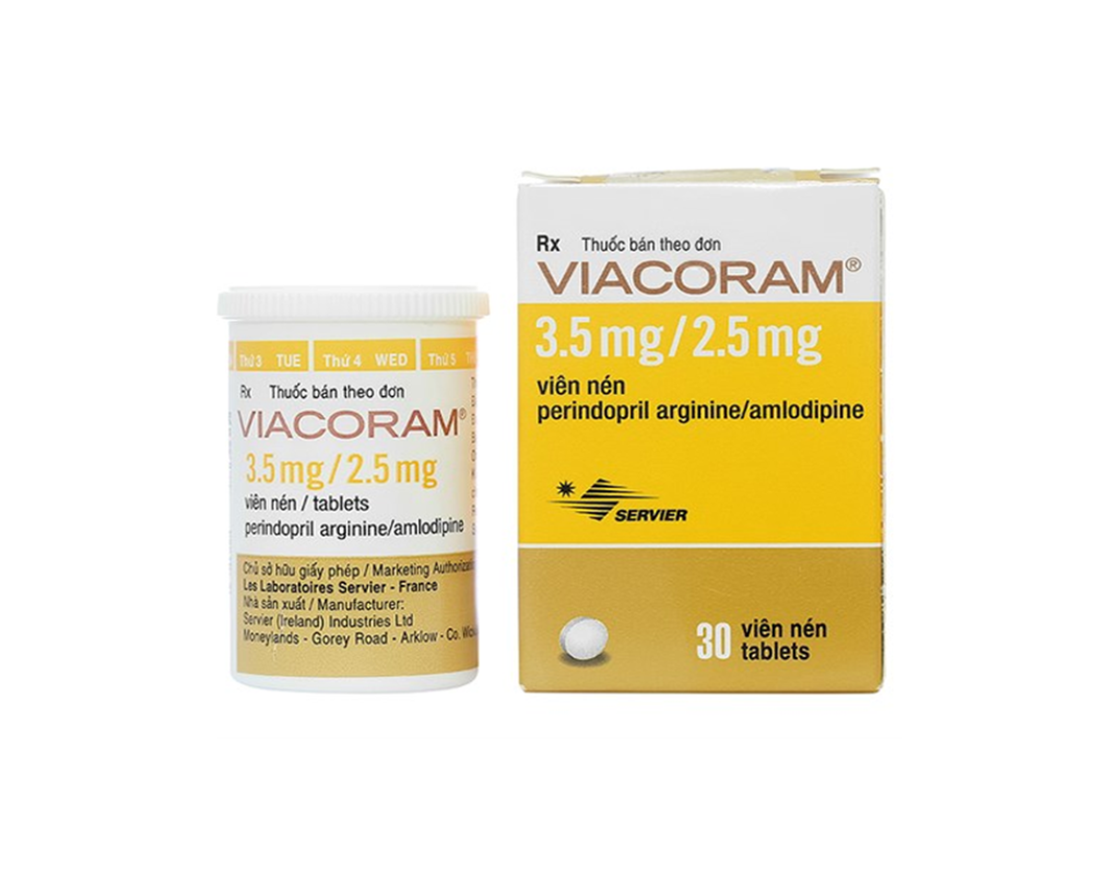 Thuốc Viacoram 3.5mg/2.5mg Servier điều trị tăng huyết áp vô căn (Hộp 1 lọ 30 viên)