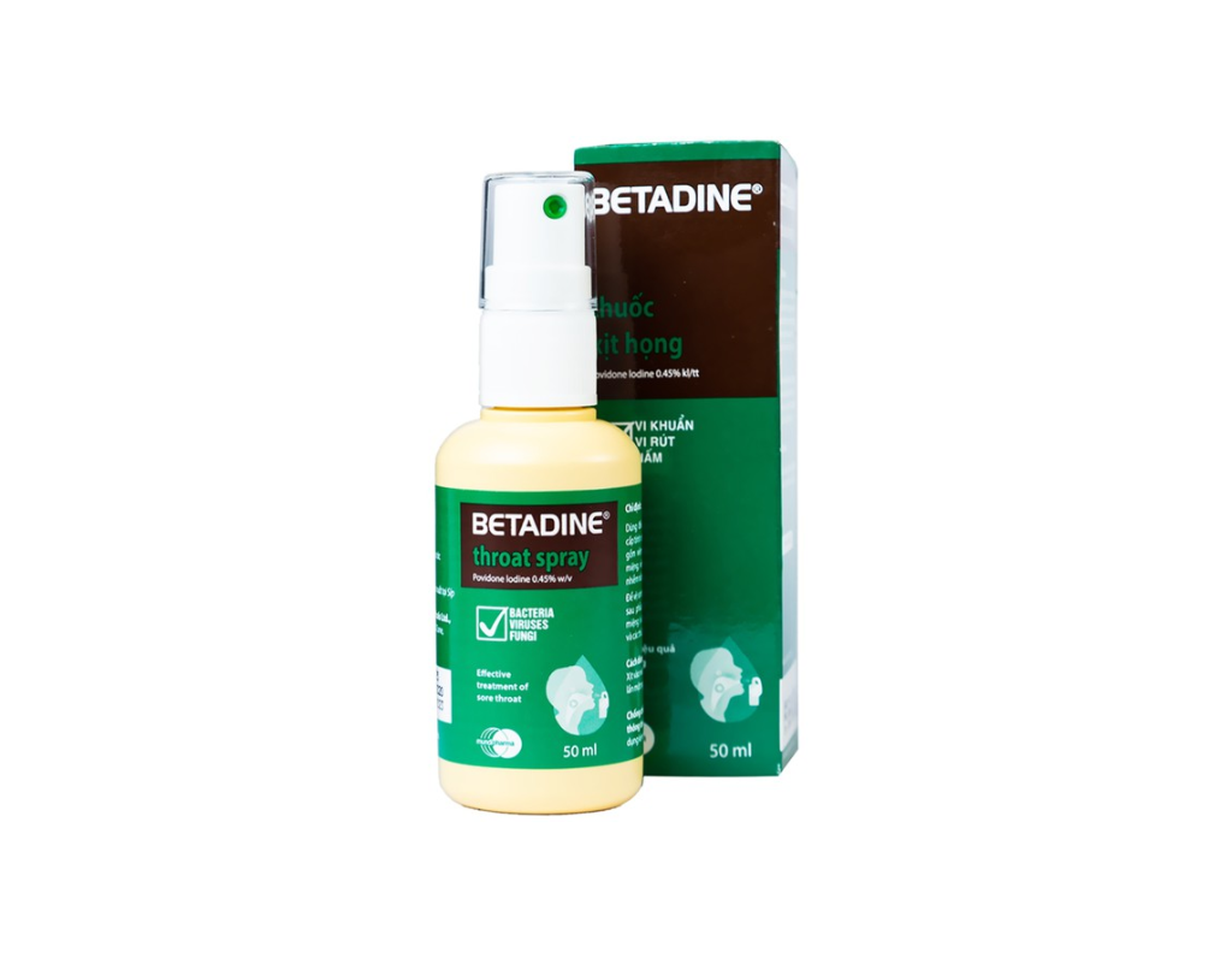 Thuốc xịt họng Betadine Throat Spray điều trị bệnh nhiễm trùng cấp tính niêm mạc miệng, họng (5Chai 50ml)