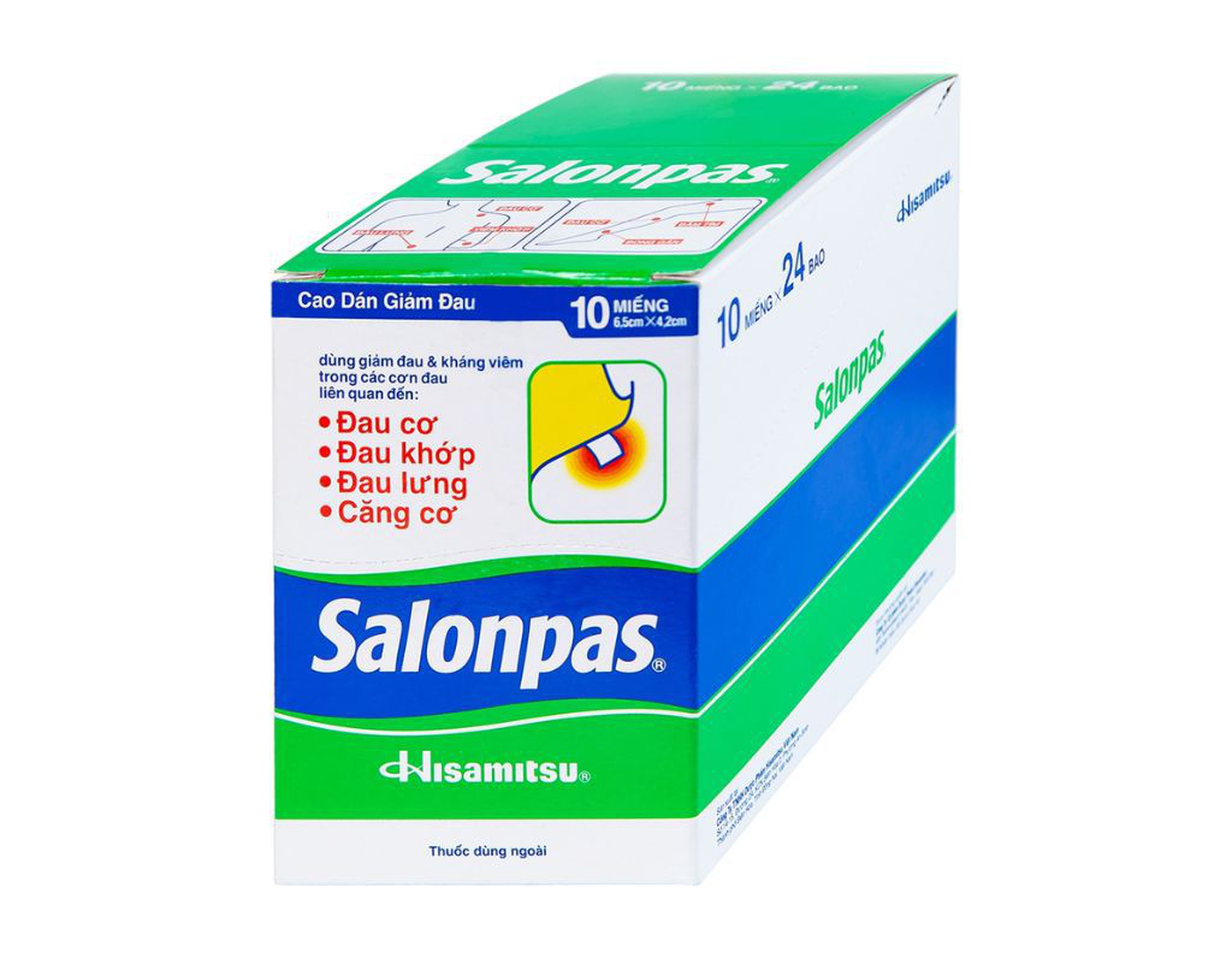 Cao dán Salonpas giảm đau, kháng viêm (Hộp 24 gói x 10 miếng)