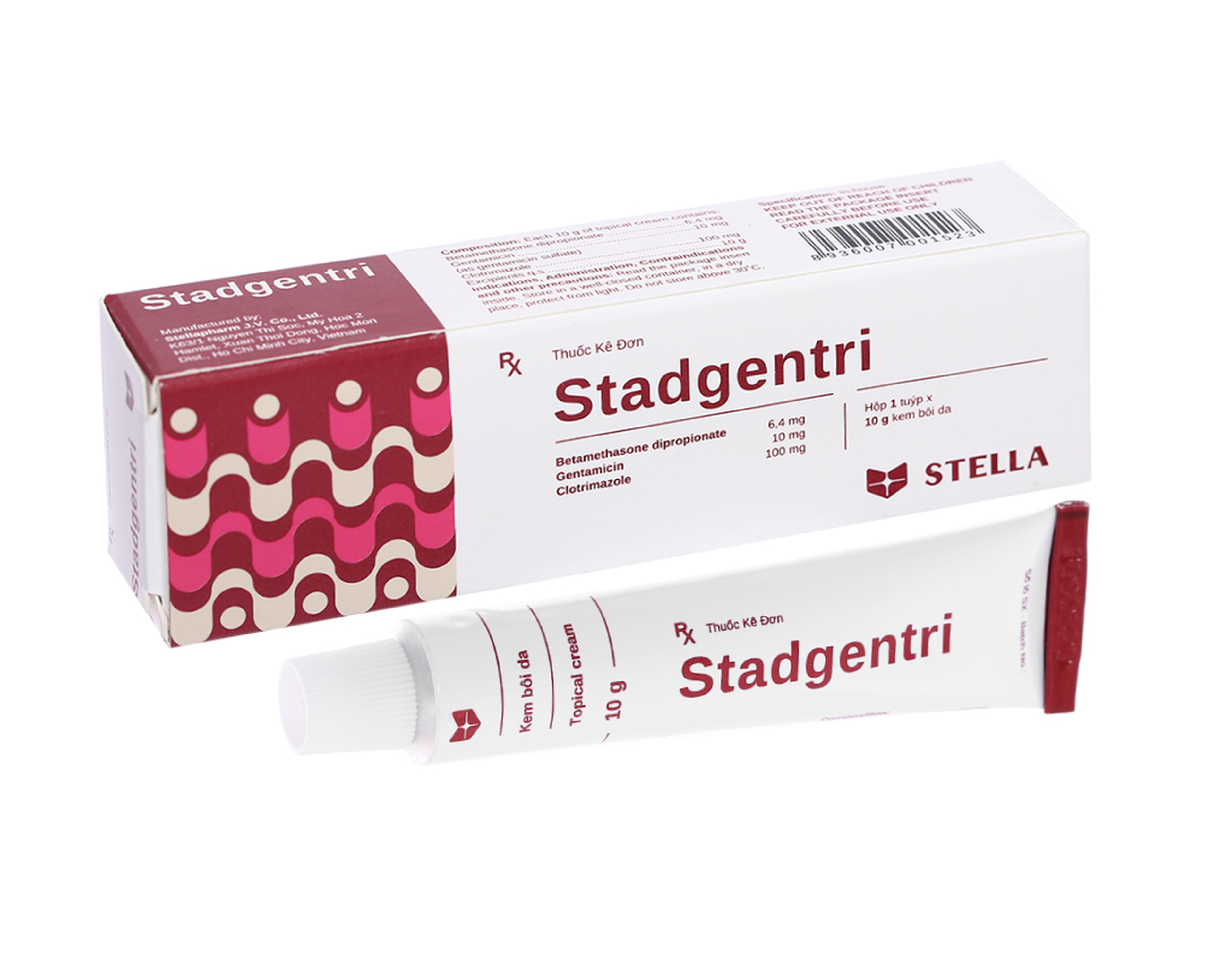 Kem bôi da Stadgentri chứa Clotrimazole, Betamethasone dipropionate, và Gentamicin, điều trị các bệnh da có biến chứng nhiễm trùng do vi khuẩn và nấm.