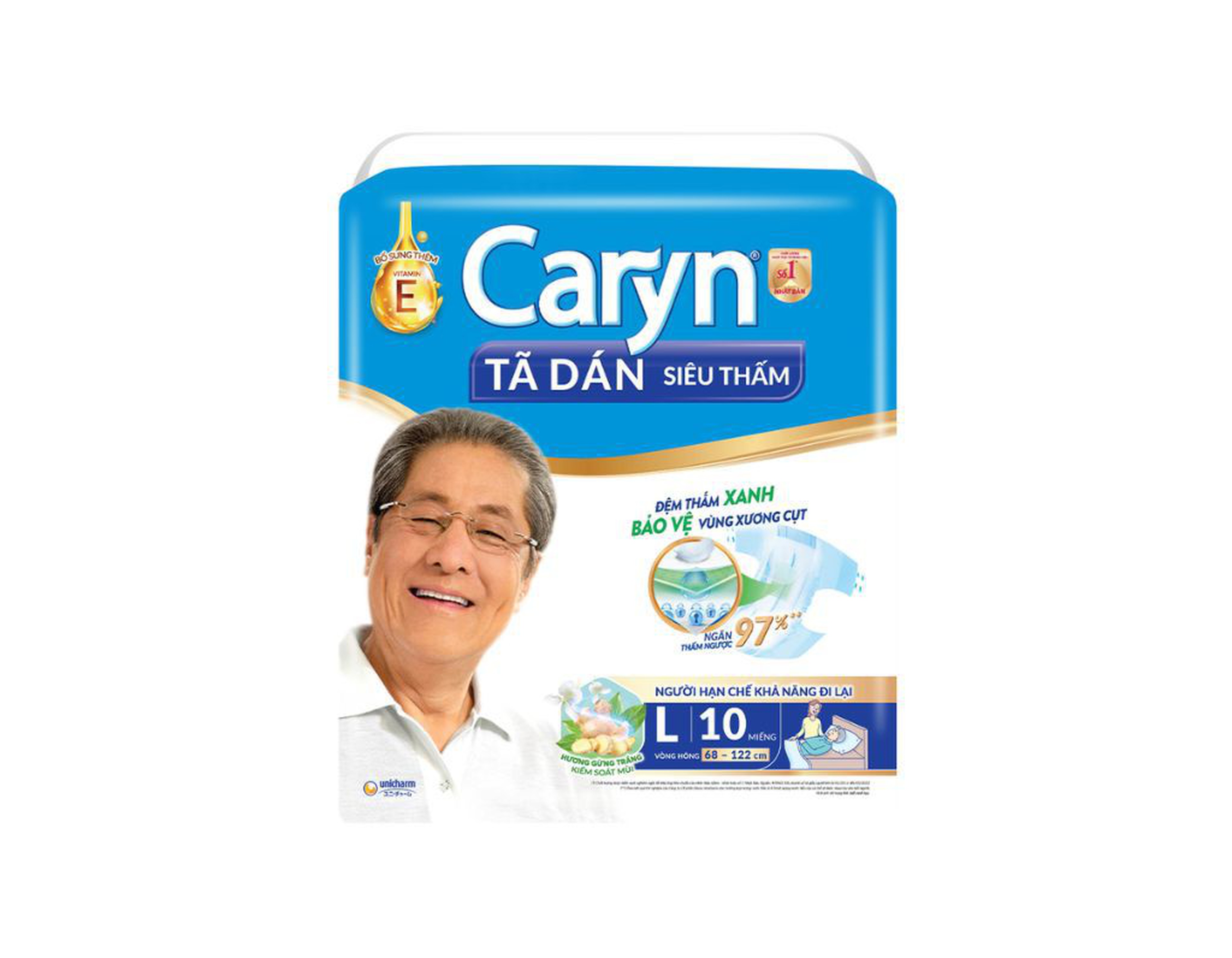 Tã dán người lớn Caryn siêu thấm size L10, vòng hông 68 x 122cm (Gói 10 miếng)