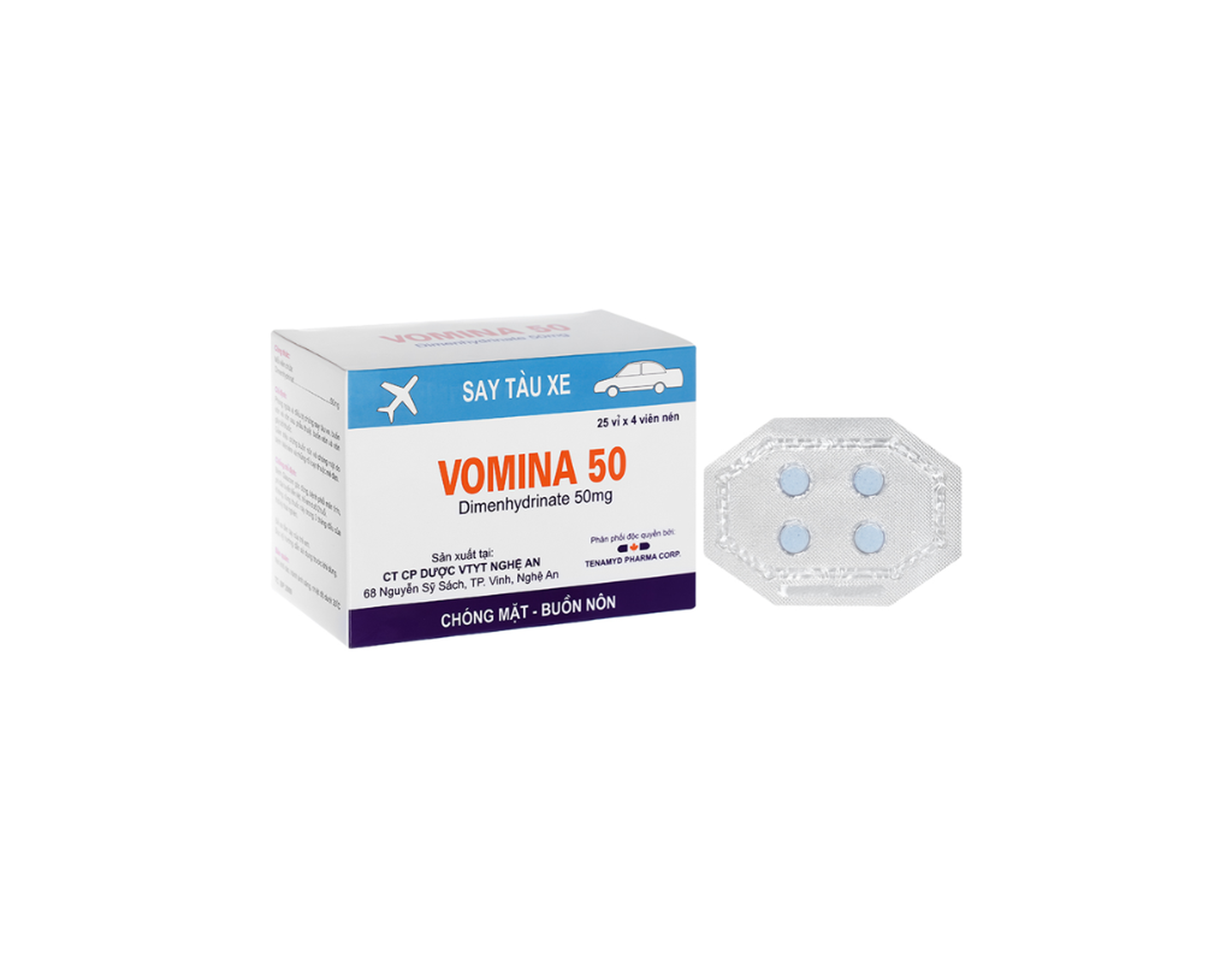 Thuốc Vomina Plus 50mg điều trị chóng mặt, buồn nôn (Hộp 25 vỉ x 4 viên)