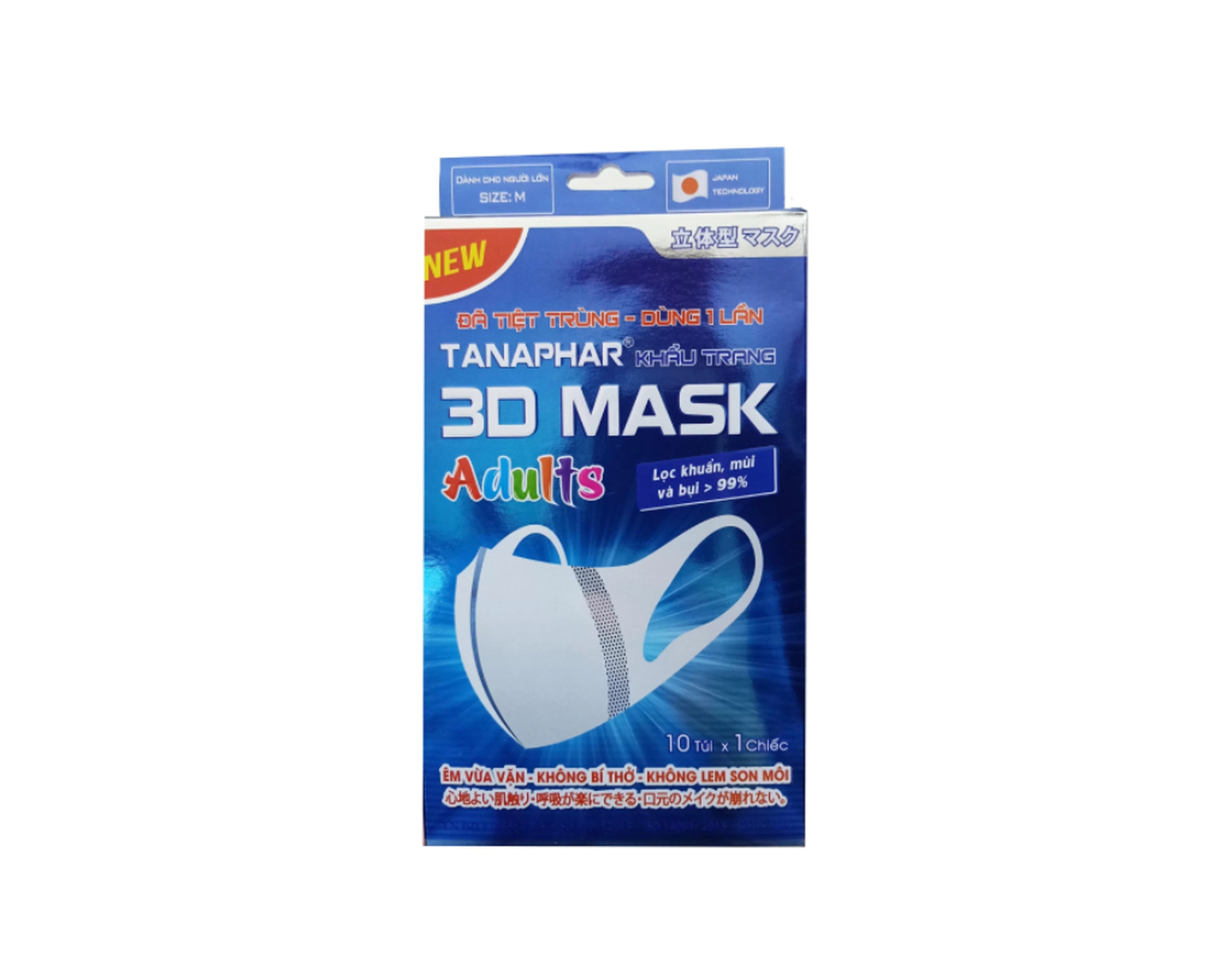 Khẩu trang TANA 3D người lớn size M hỗ trợ ngăn bụi và vi khuẩn (Hộp 10 chiếc)