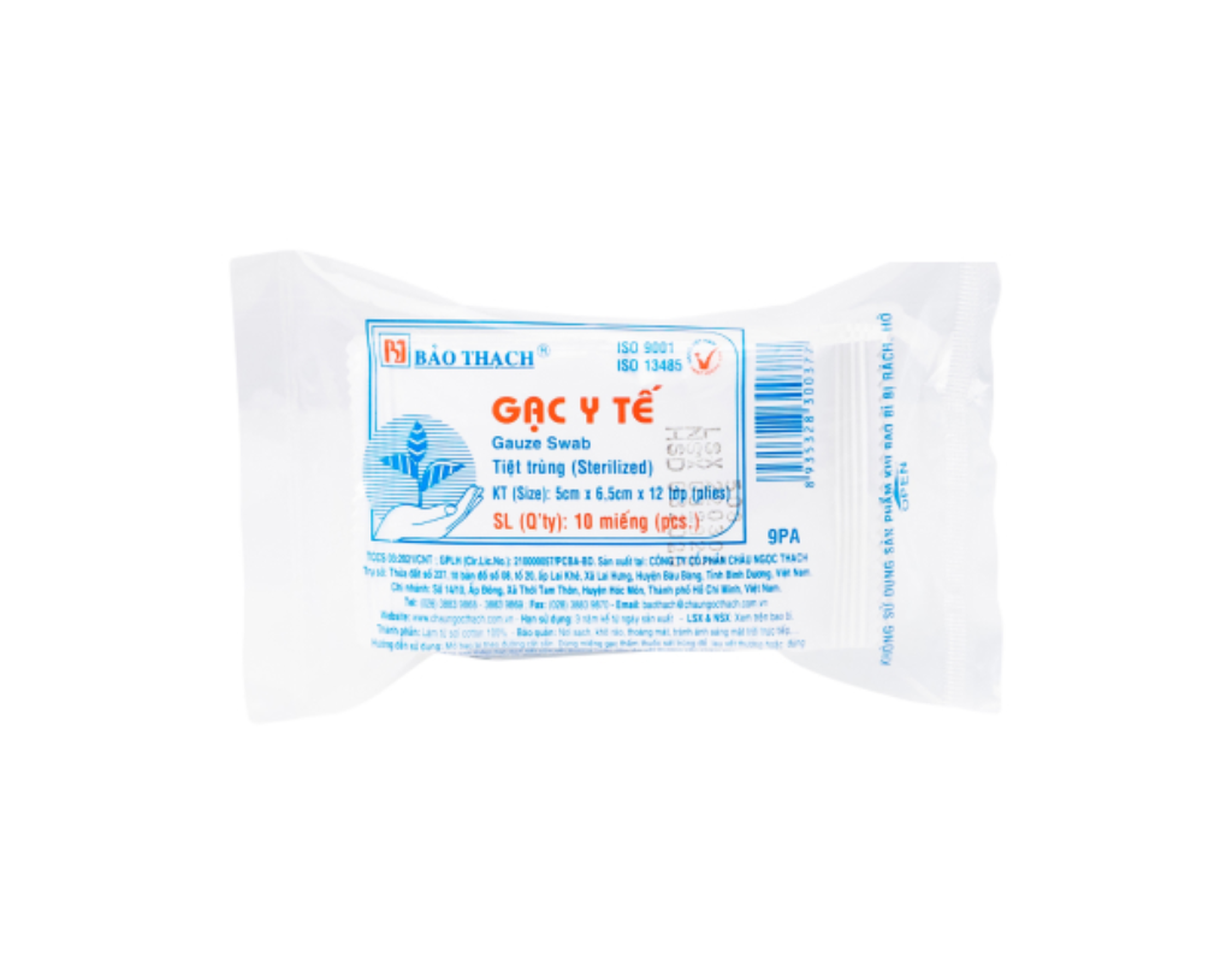 Gạc tiệt trùng Bảo Thạch hỗ trợ làm sạch vết thương, thấm máu, dịch tiết (Túi 10 miếng 5cm x 6,5cm x 12 lớp)