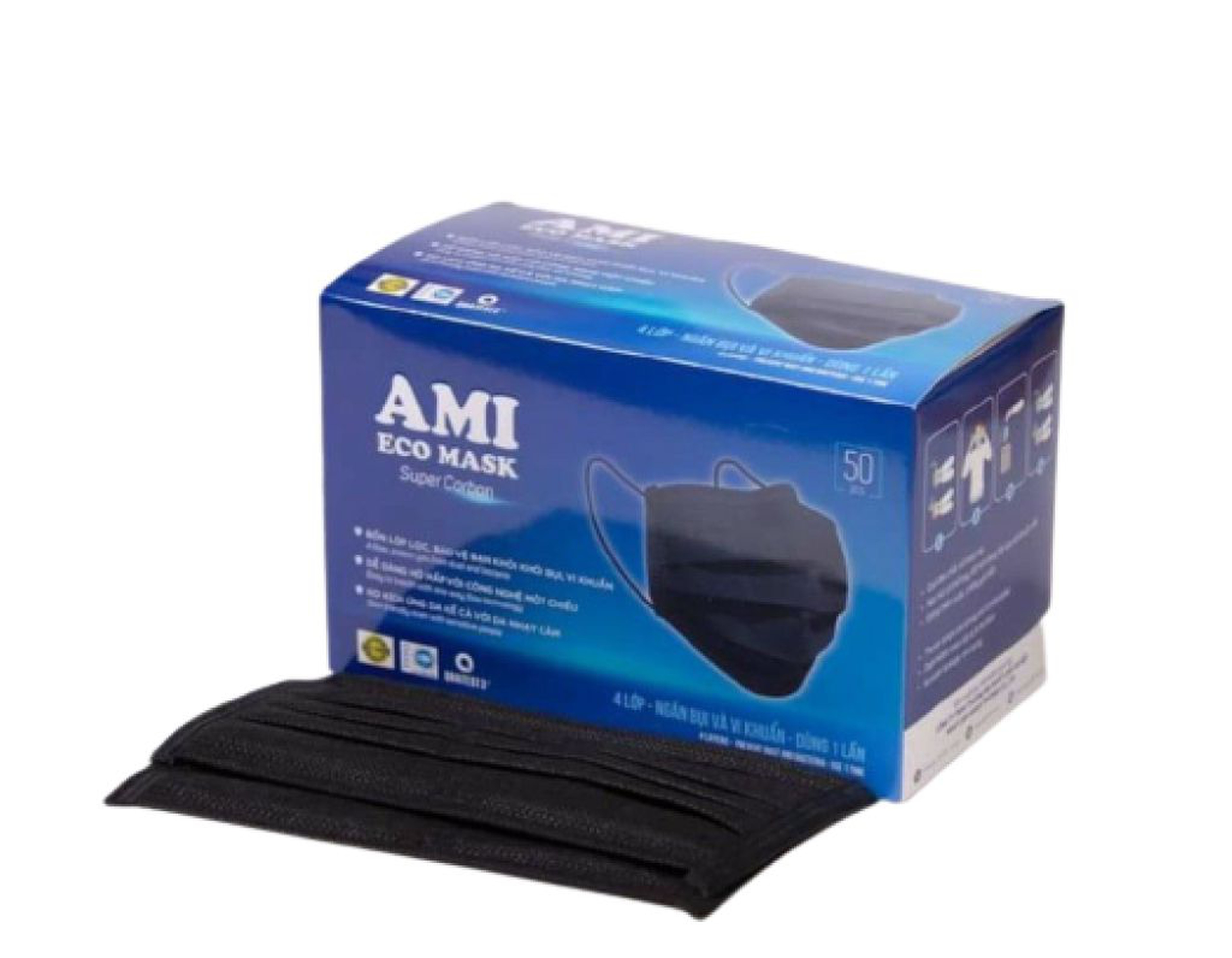 Khẩu trang Ami Eco màu đen hỗ trợ ngăn bụi và vi khuẩn (Túi 10 chiếc)