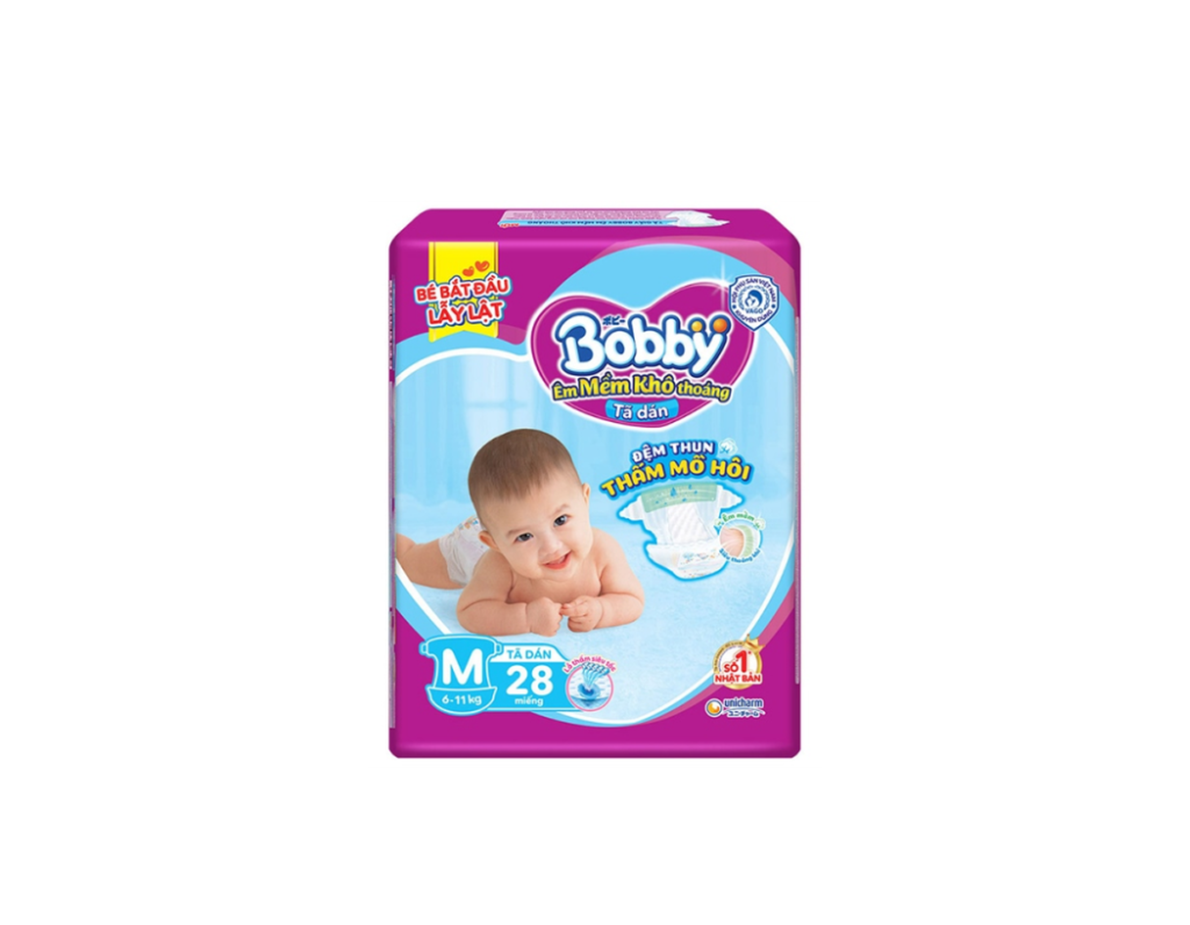 Tã dán trẻ em  Bobby siêu thấm size M (gói 38 miếng)