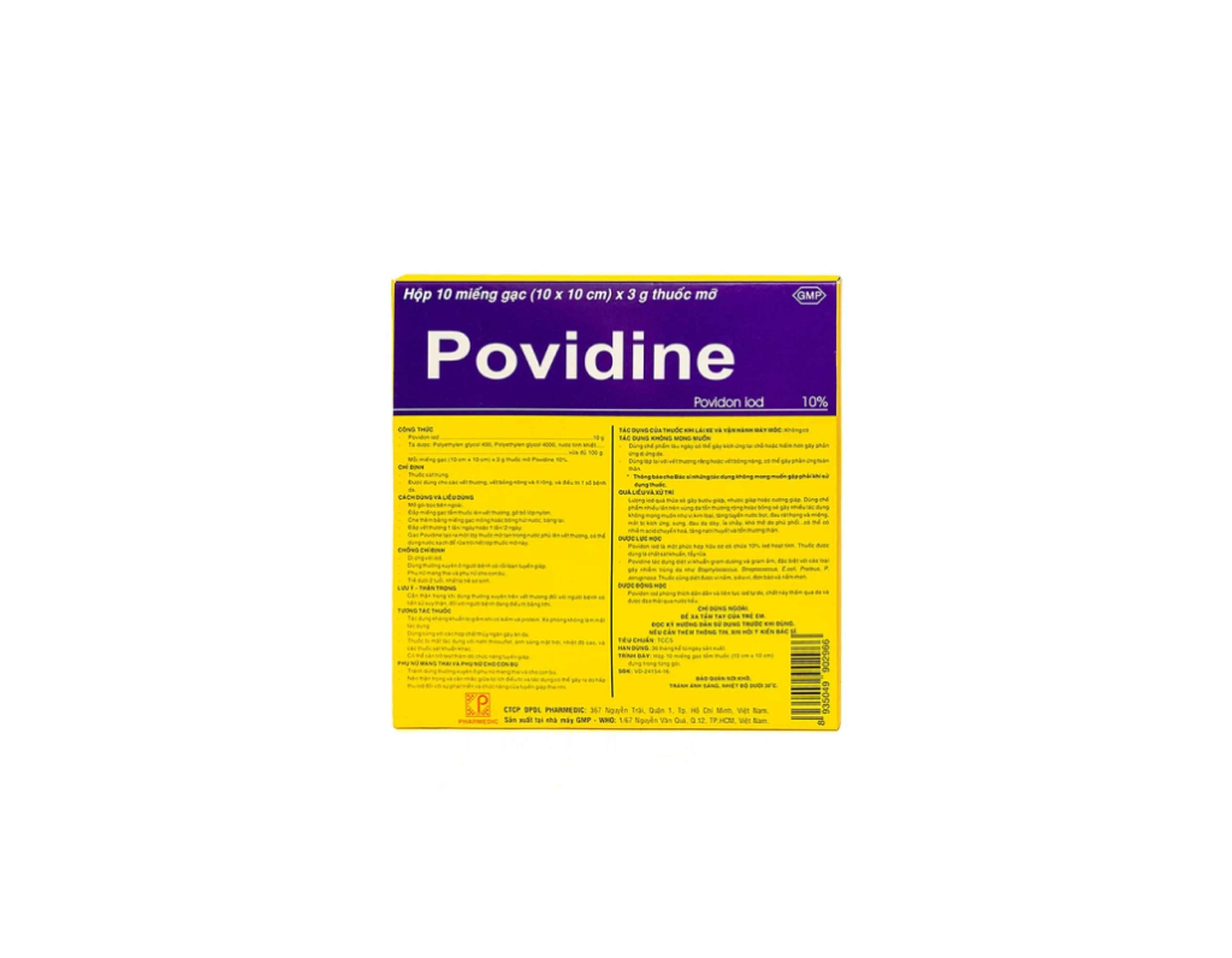 Gạc mỡ Povidine 10% 10x10cm Pharmedic sát trùng vết thương(hộp 10 cái)