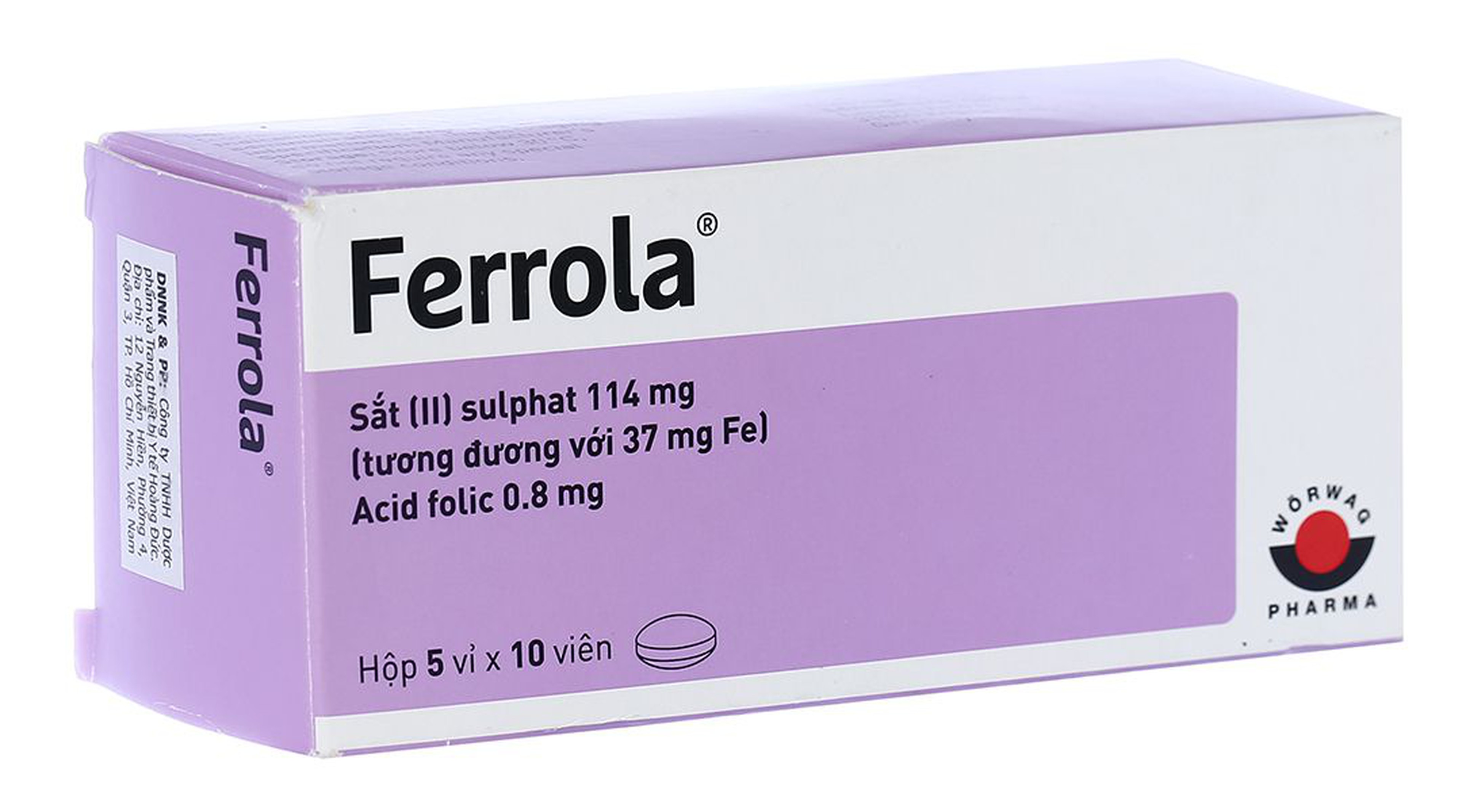 Ferrola bổ sung sắt và axit folic, điều trị thiếu máu (5 vỉ x 10 viên) 