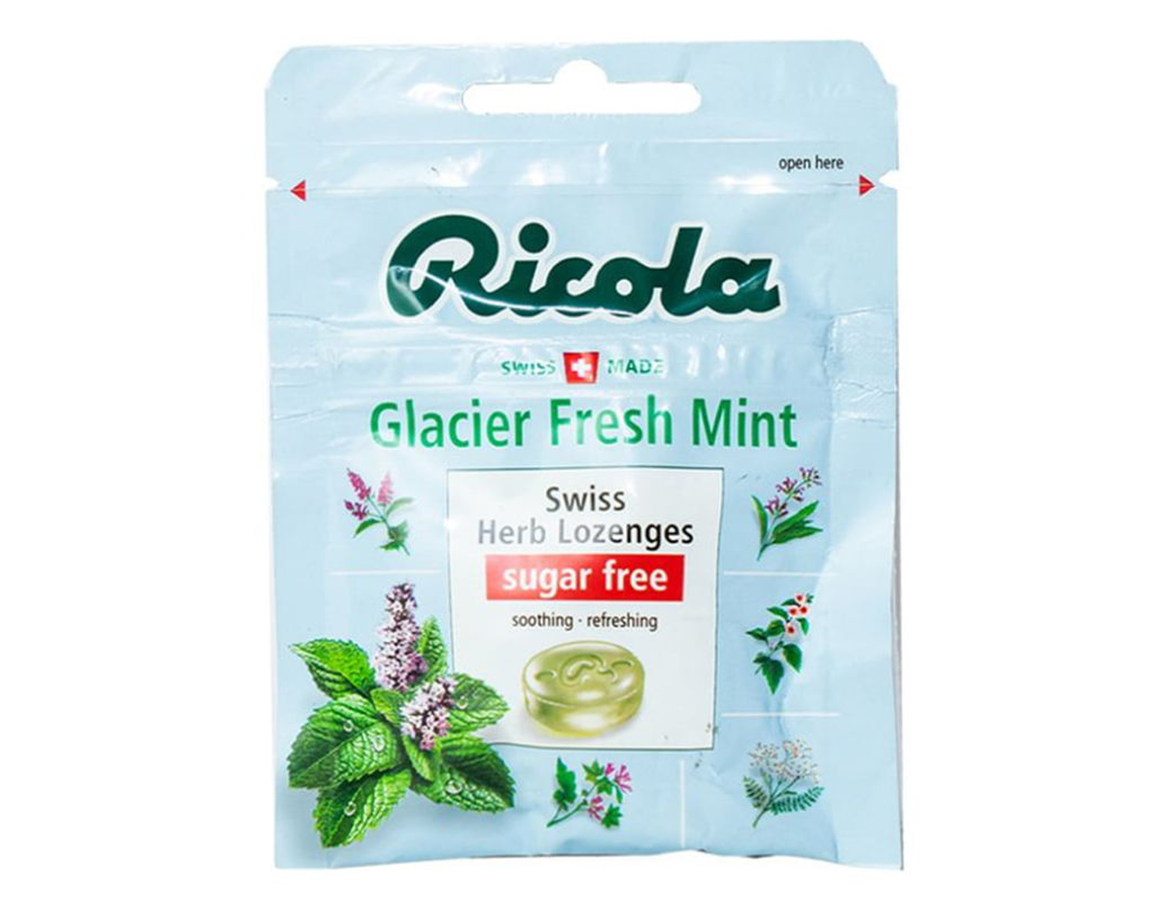 Kẹo ngậm không đường Ricola Glacier Fresh Mint giảm ho, thông cổ mát họng, giảm viêm họng gói 17,5g