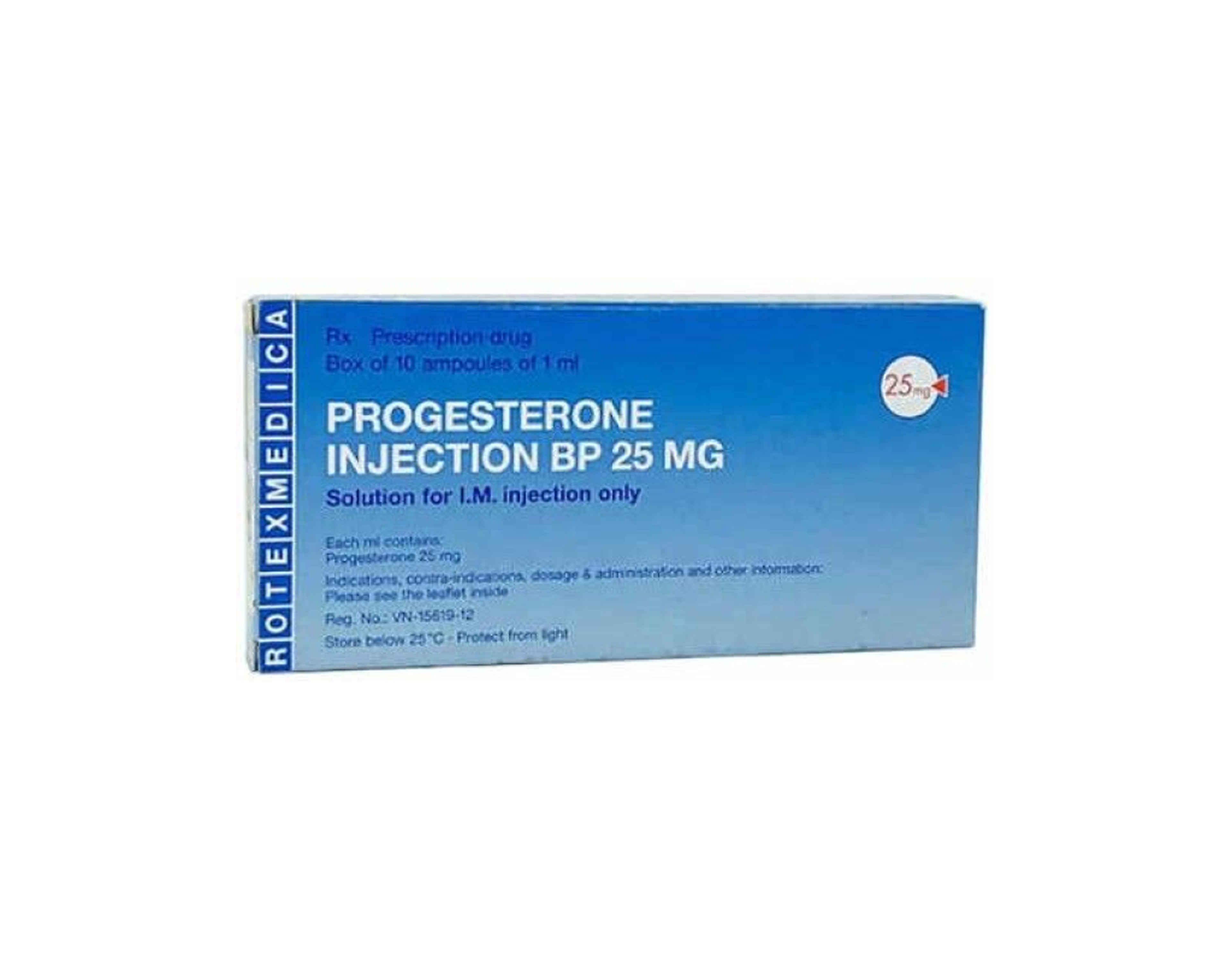 Dung dịch tiêm Progesterone Injection BP 25mg điều trị trong chảy máu do rối loạn chức năng tử cung (Hộp 10 ống)