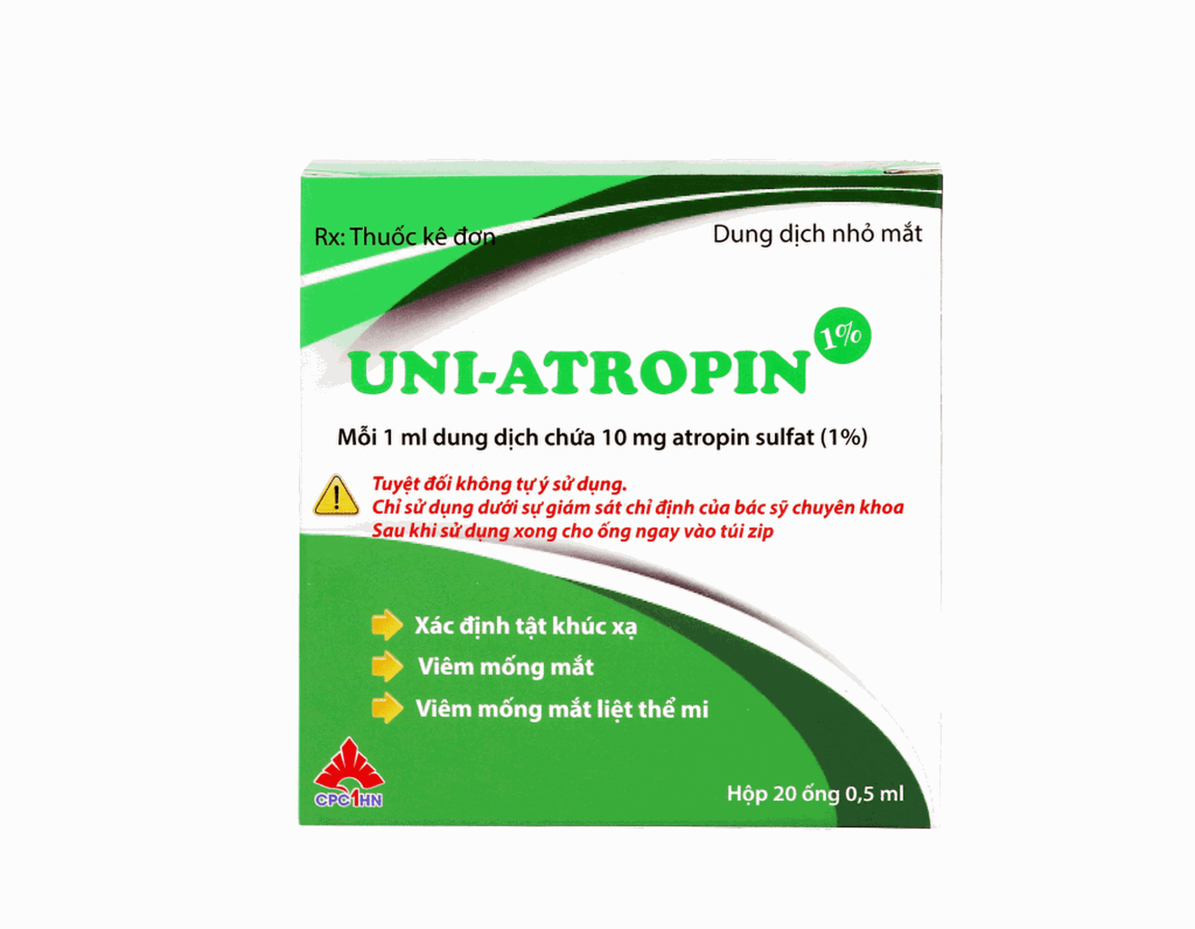 Thuốc Uni-Atropin 1% sử dụng hỗ trợ trong điều trị viêm mống mắt và viêm màng bồ đào (Hộp 20 ống)