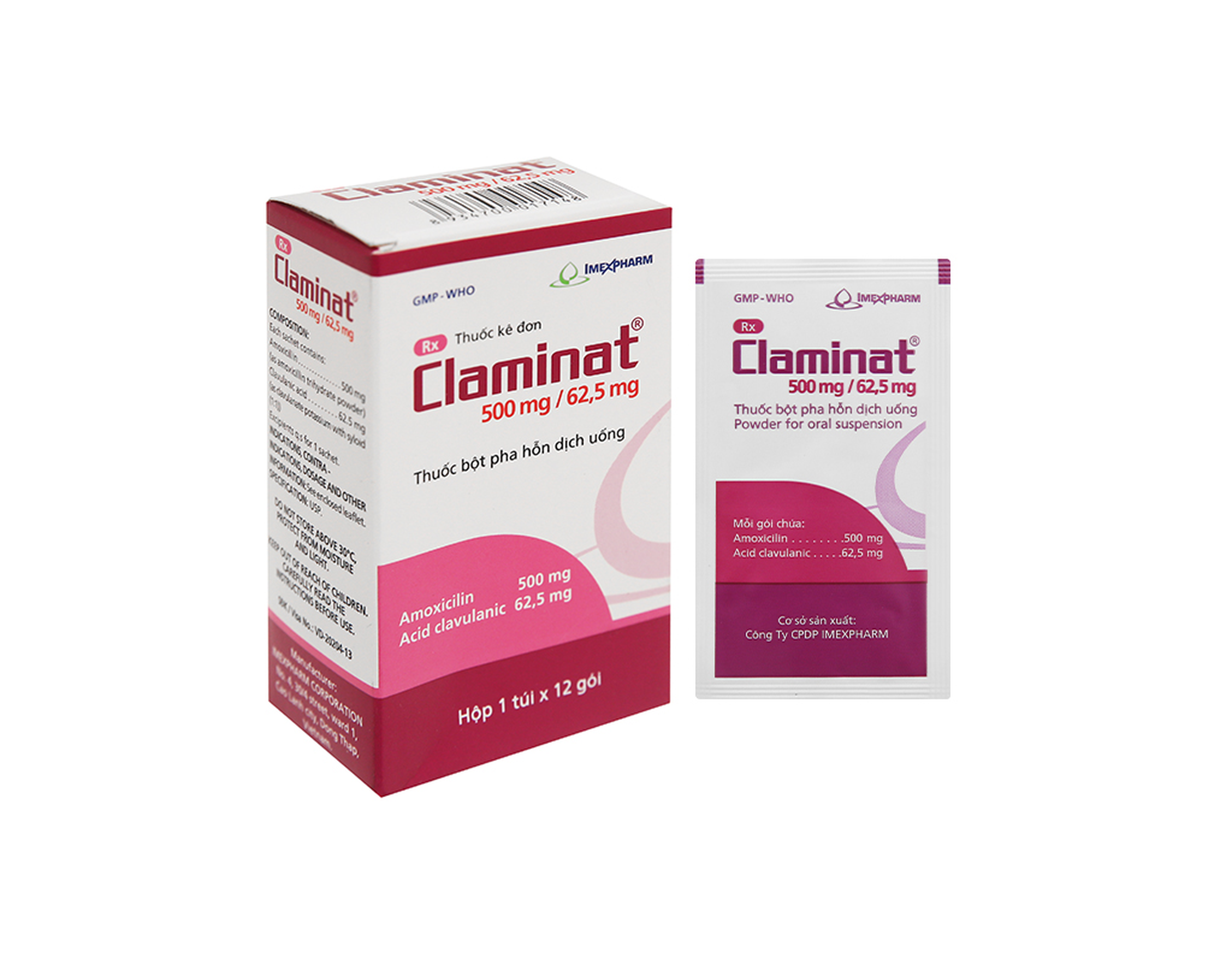 Thuốc bột kháng sinh pha hỗn dịch uống Claminat 500mg/62.5mg trị nhiễm khuẩn (Hộp 1 túi x 12 gói)