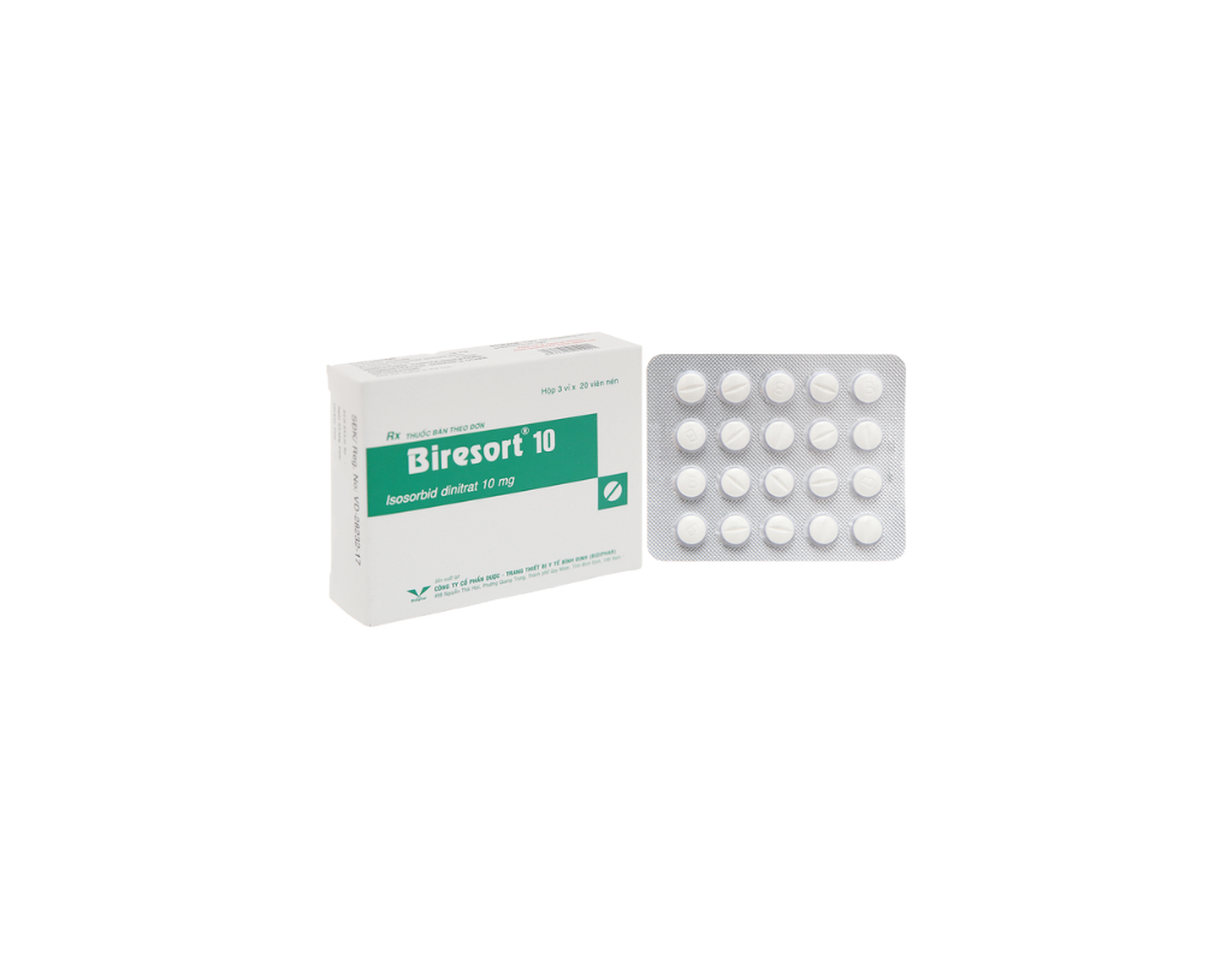 Thuốc Biresort 10mg phòng và điều trị cơn đau thắt ngực, suy tim sung huyết (Hộp 3 vỉ x 20 viên)