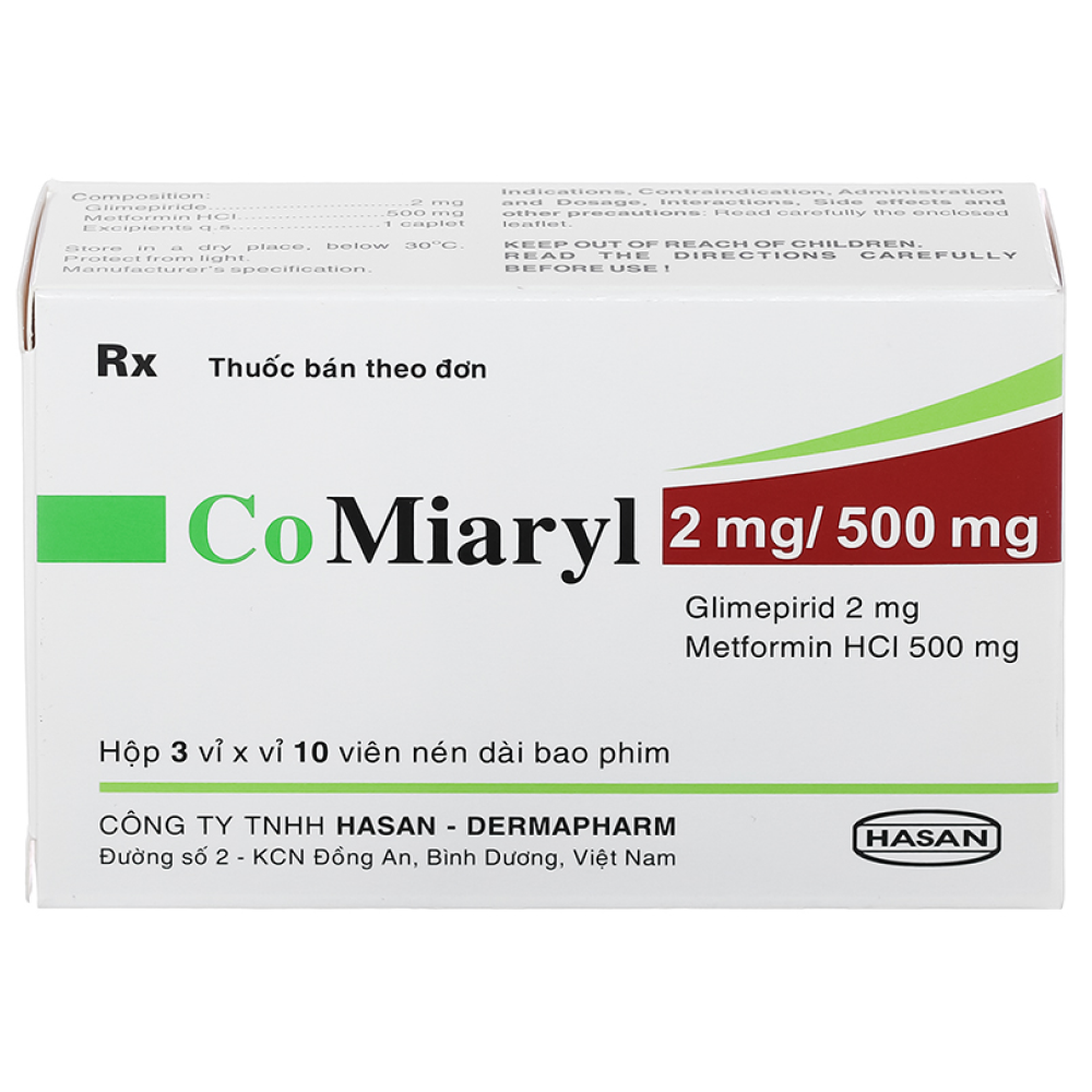 Thuốc Comiaryl 2mg/500mg điều trị đái tháo đường (Hộp 3 vỉ x 10 viên)