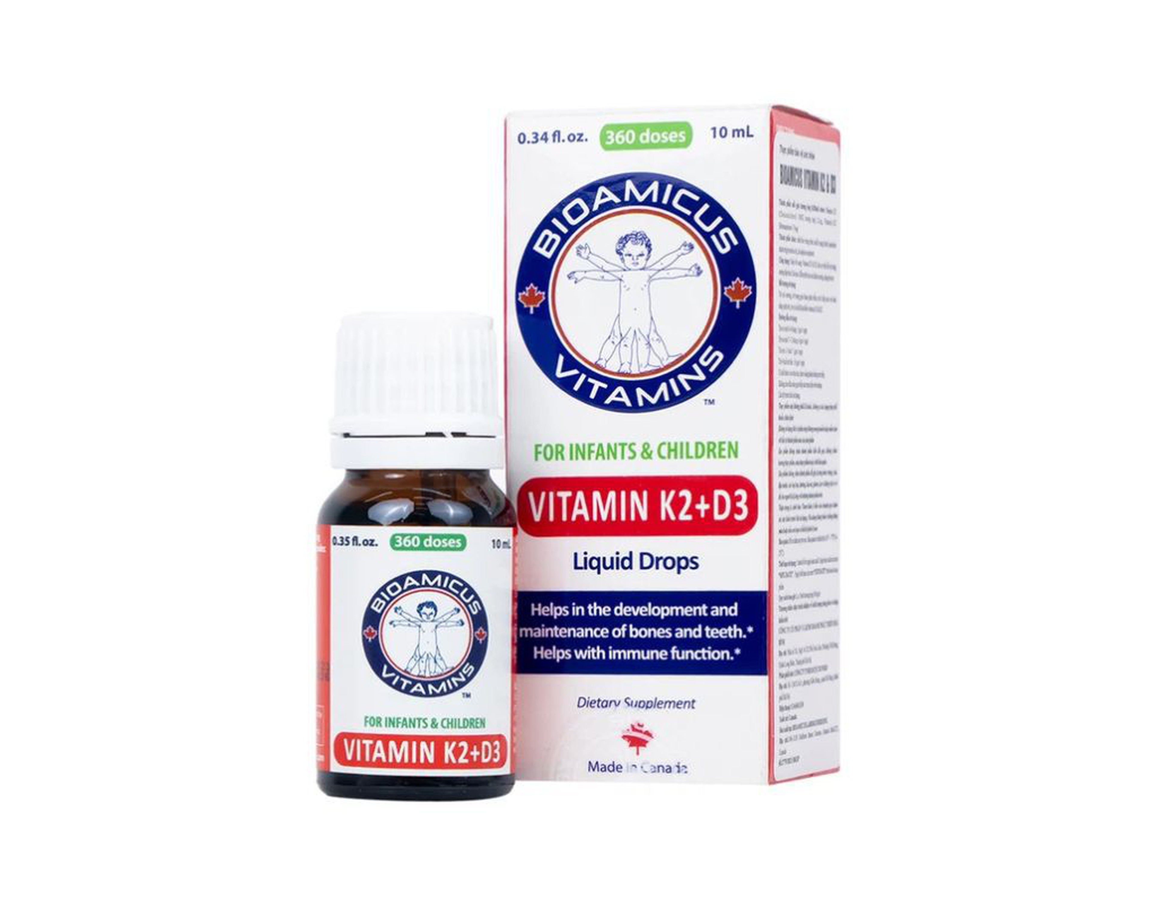 Dung dịch nhỏ giọt BioAmicus Vitamin K2 + D3 hỗ trợ tốt sức khỏe xương, răng cho bé (Hộp 1 chai 10ml)