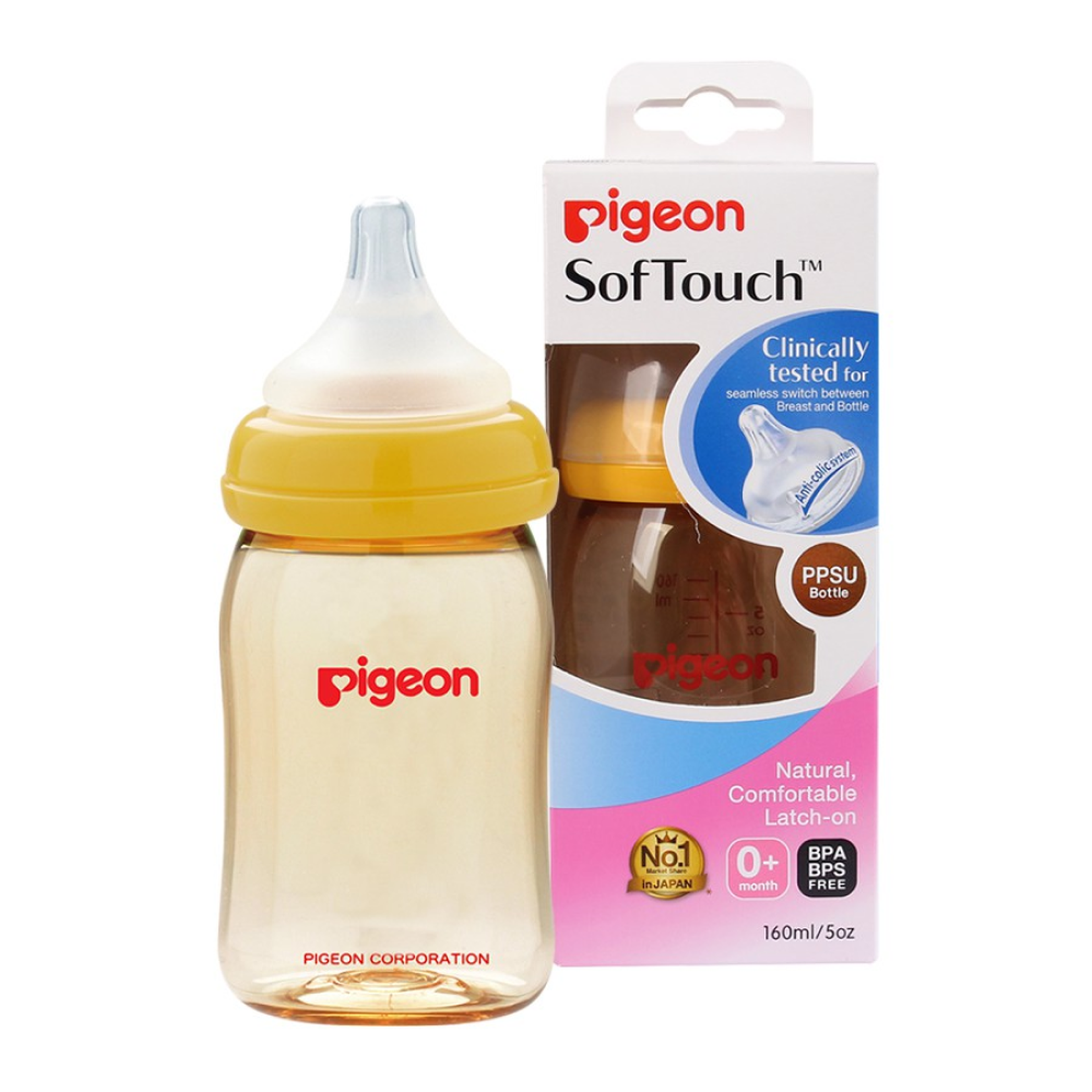 Bình sữa PPSU Plus Pigeon thiết kế núm ty silicon siêu mềm phù hợp với trẻ ( Bình 160ml)