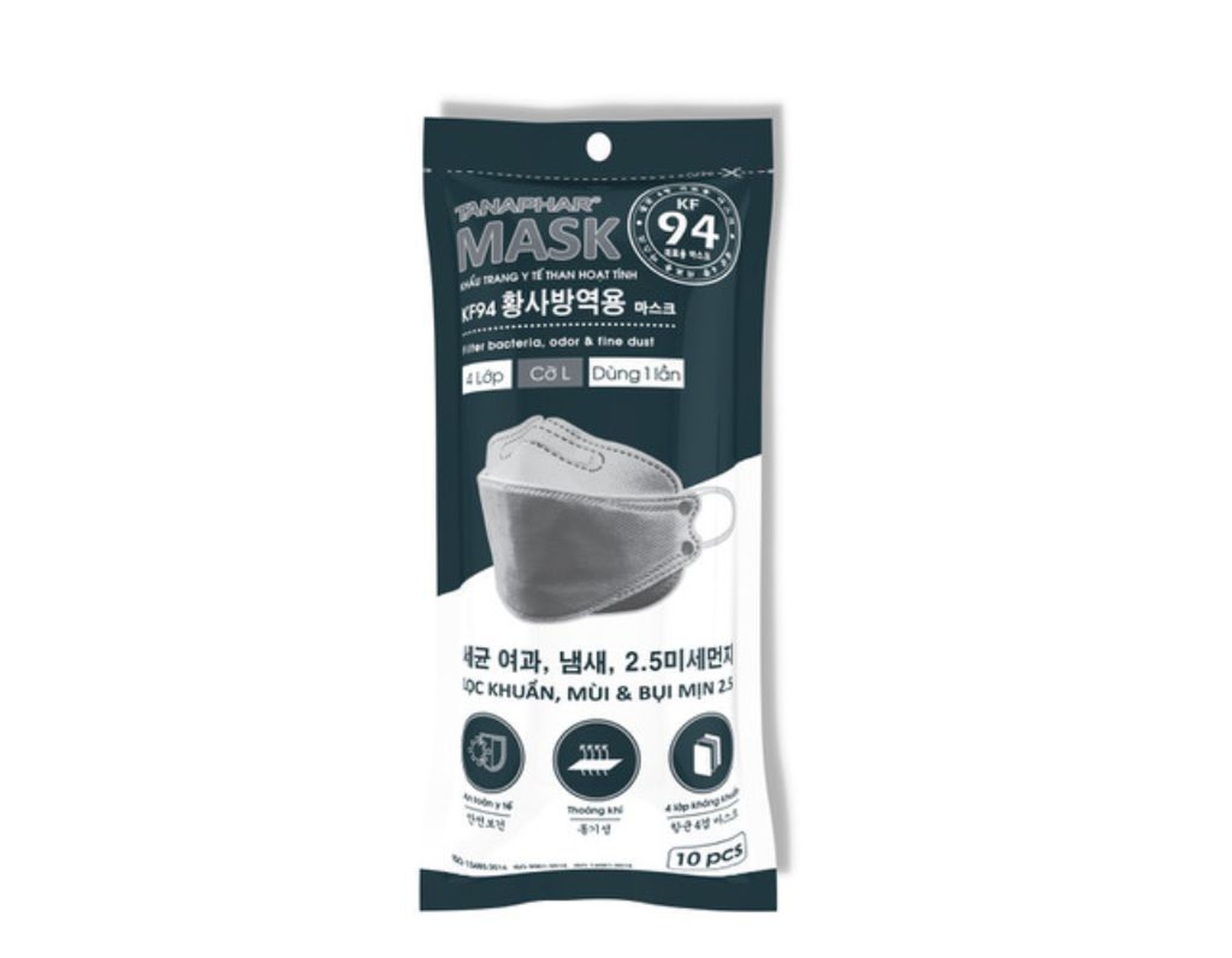 Khẩu trang y tế than hoạt tính Tanaphar Mask KF94 kháng khuẩn, ngăn bụi bẩn (Túi 100 chiếc)