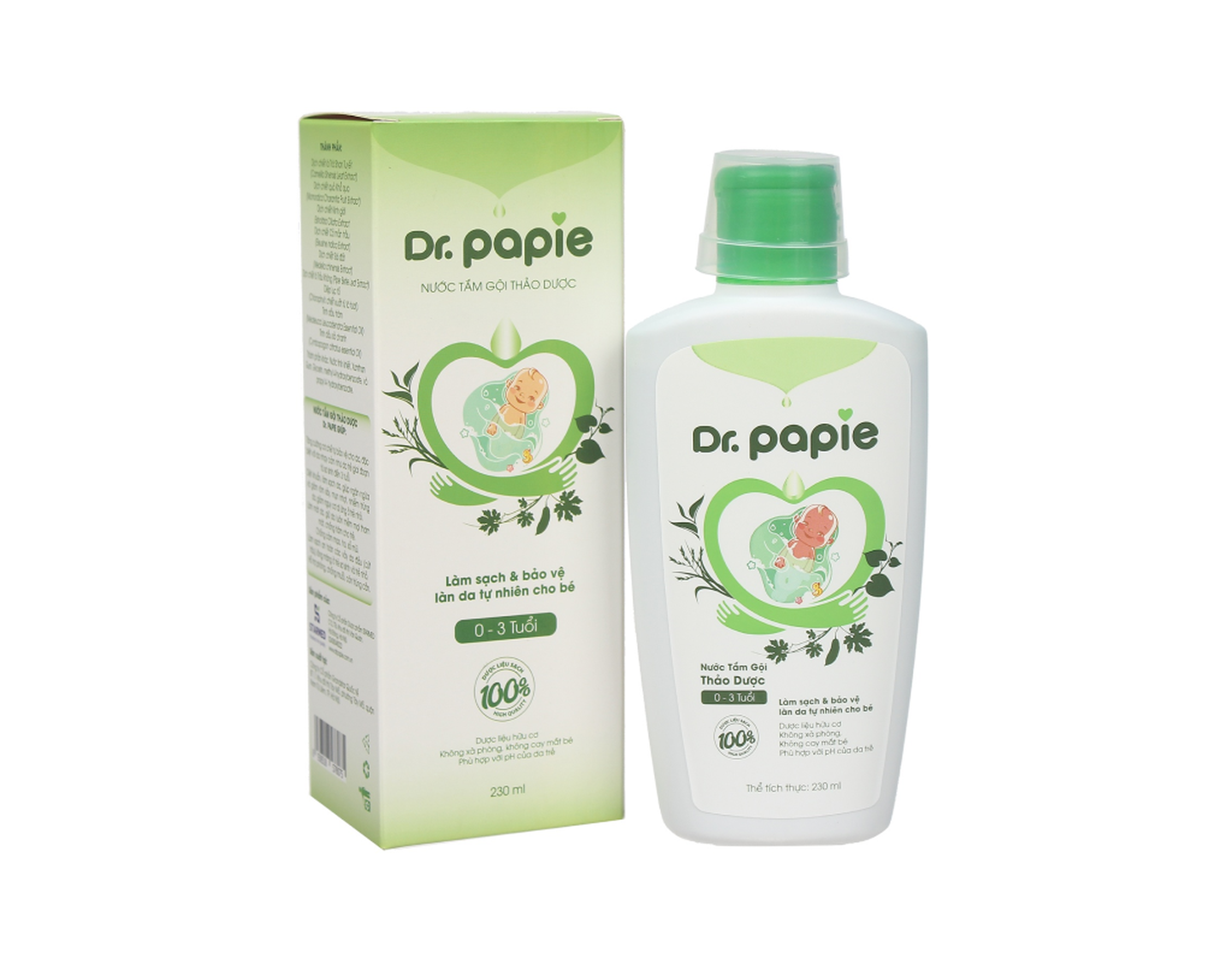 Nước tắm gội thảo dược Dr.Papie giúp làm sạch và bảo vệ làn da tự nhiên cho bé (Hộp 1 chai 230ml)