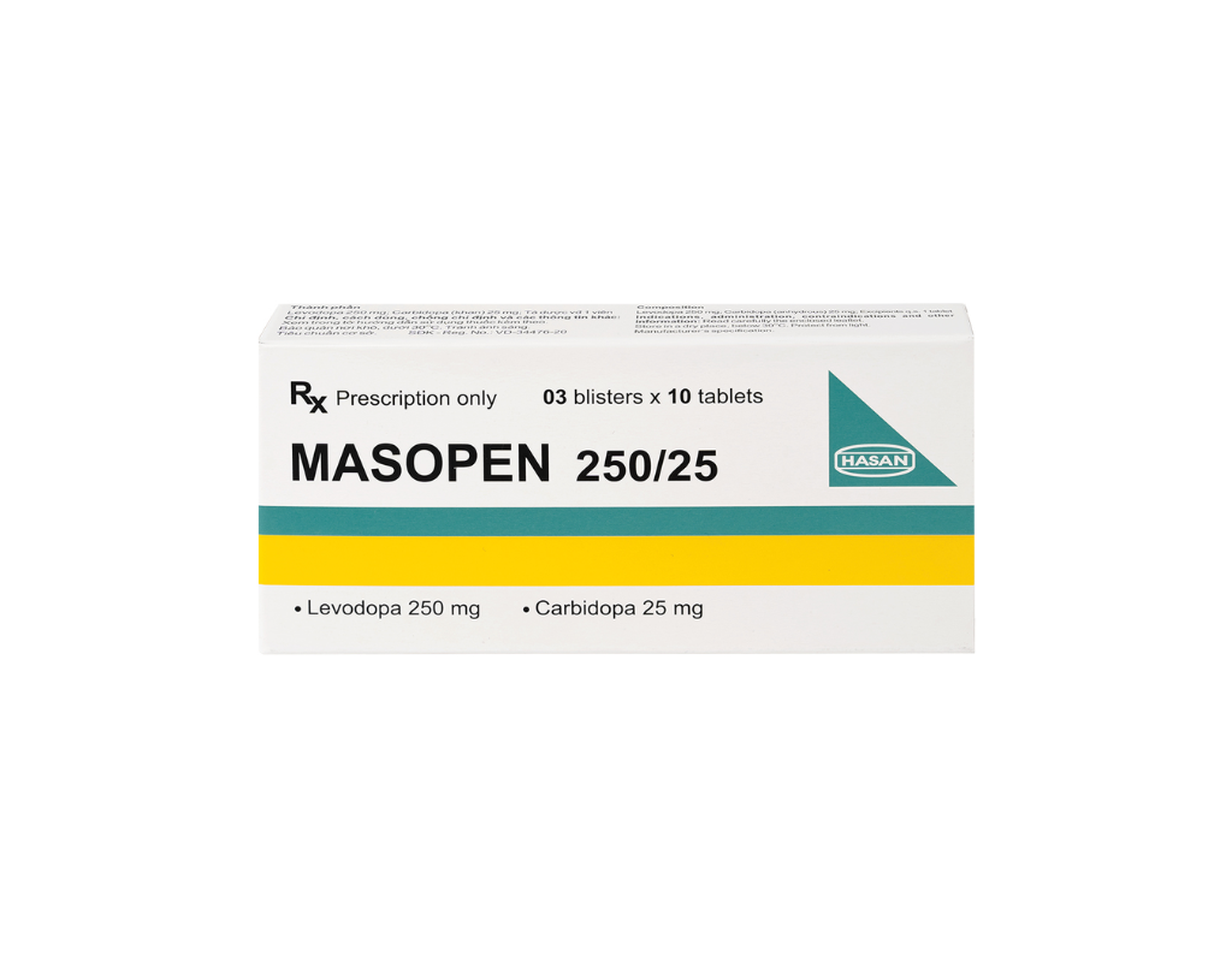 Thuốc Masopen 250/25 điều trị Parkinson (Hộp 3 vỉ x 10 viên)