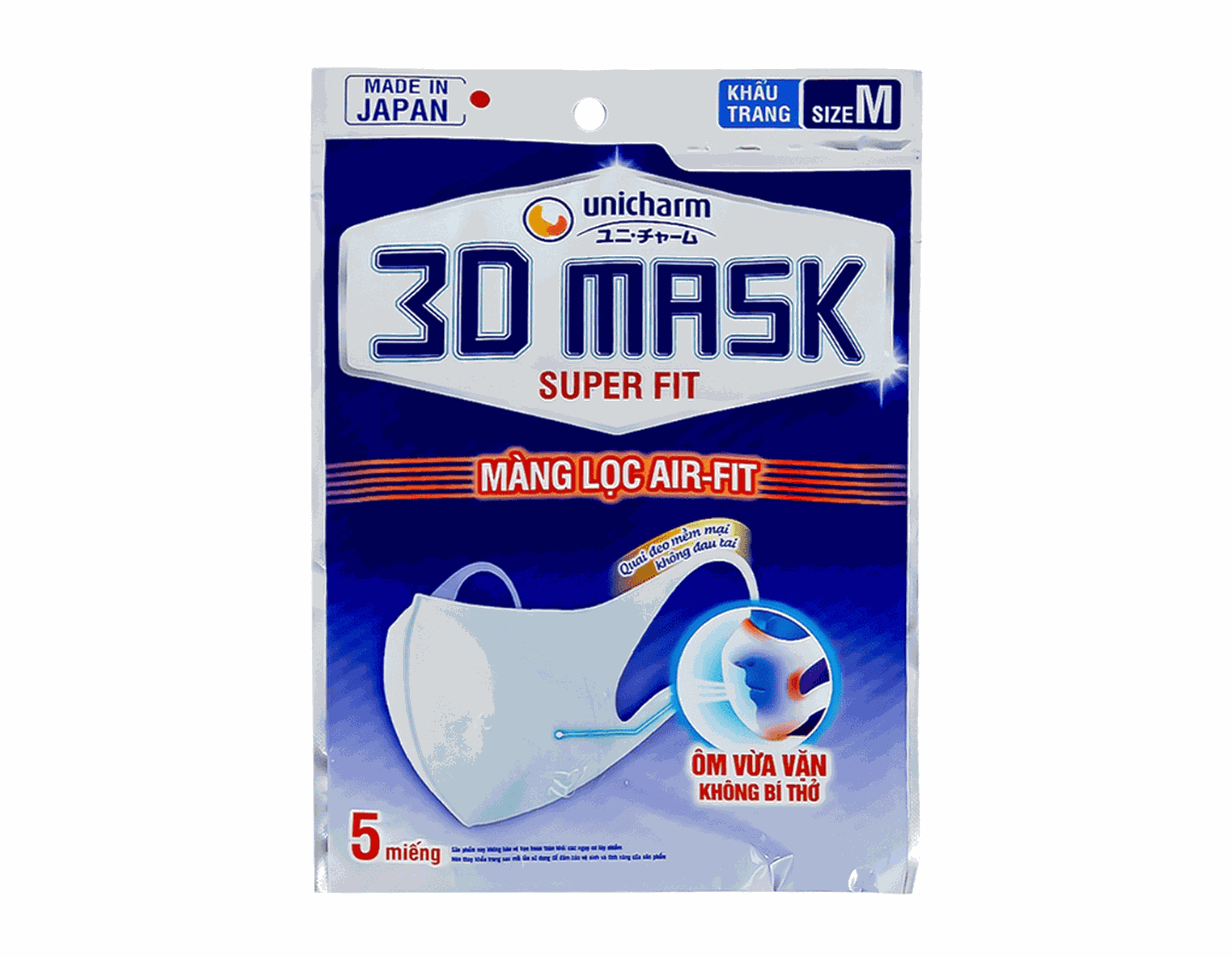 Khẩu Trang Unicharm 3D Mask Super Fit size M ngăn chặn khói bụi (Gói 5 chiếc)