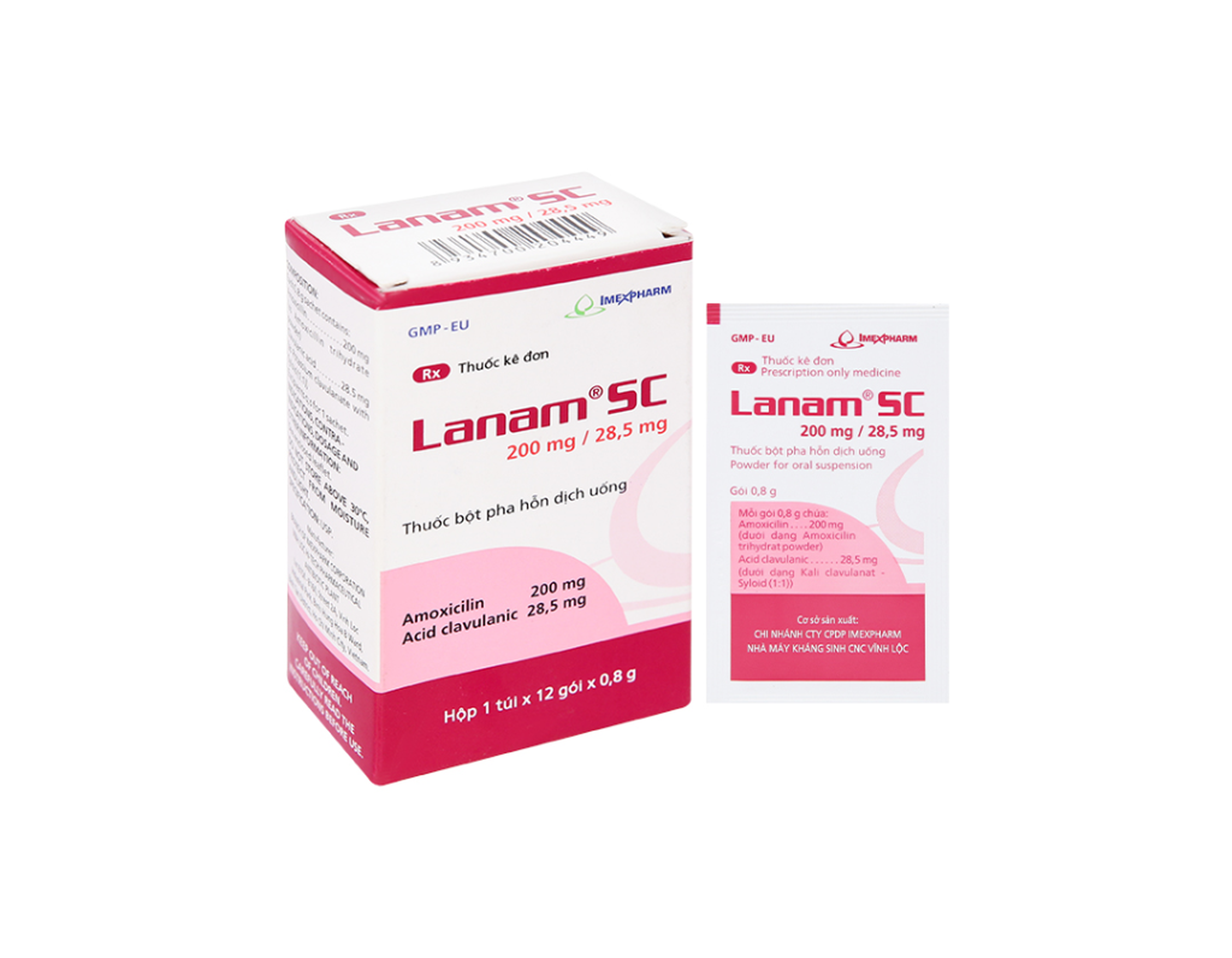 Bột pha hỗn dịch uống Lanam SC 200mg/28,5mg trị nhiễm khuẩn (Hộp 12 gói x 0,8g)