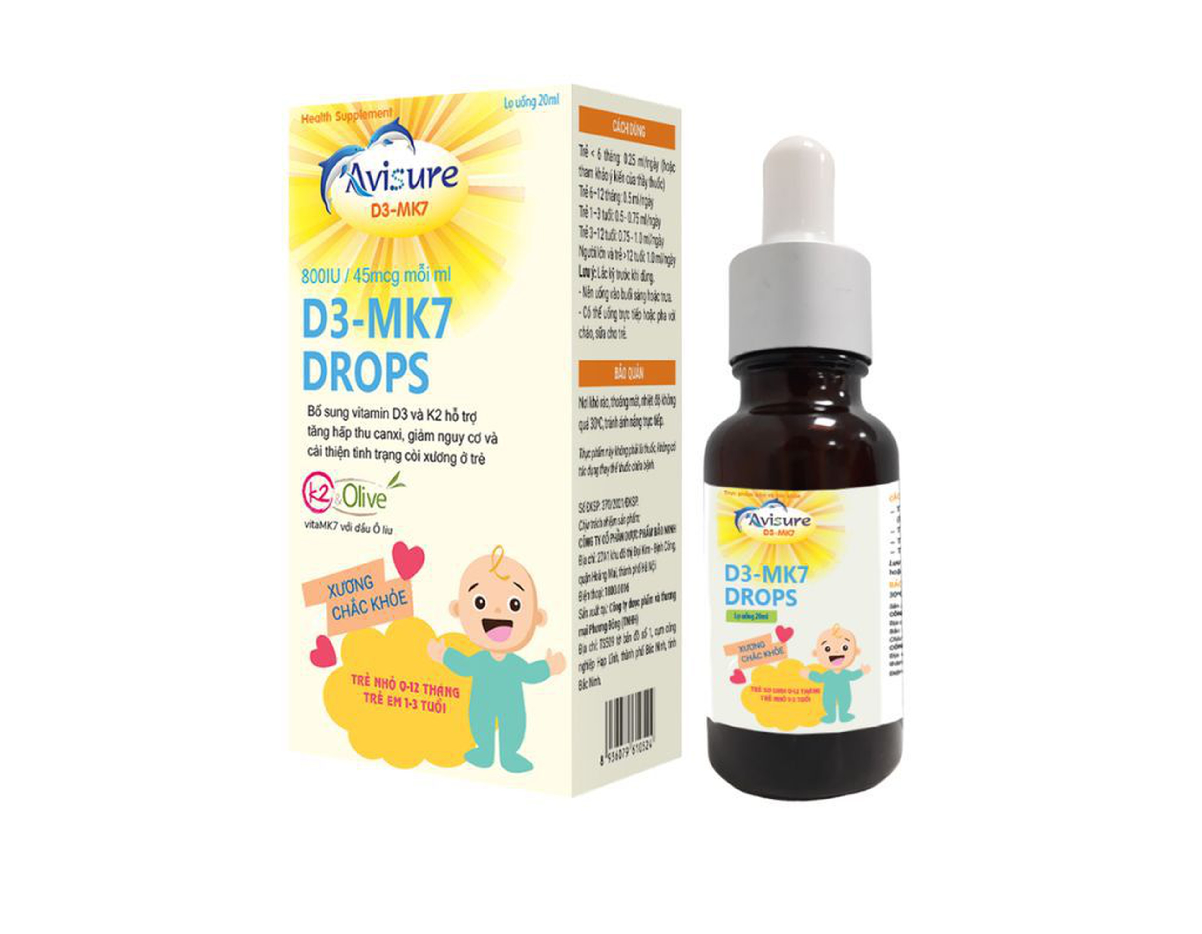 Thực phẩm Avisure D3-MK7 Drops bổ sung vitamin D3 và K2 (Chai 20ml)