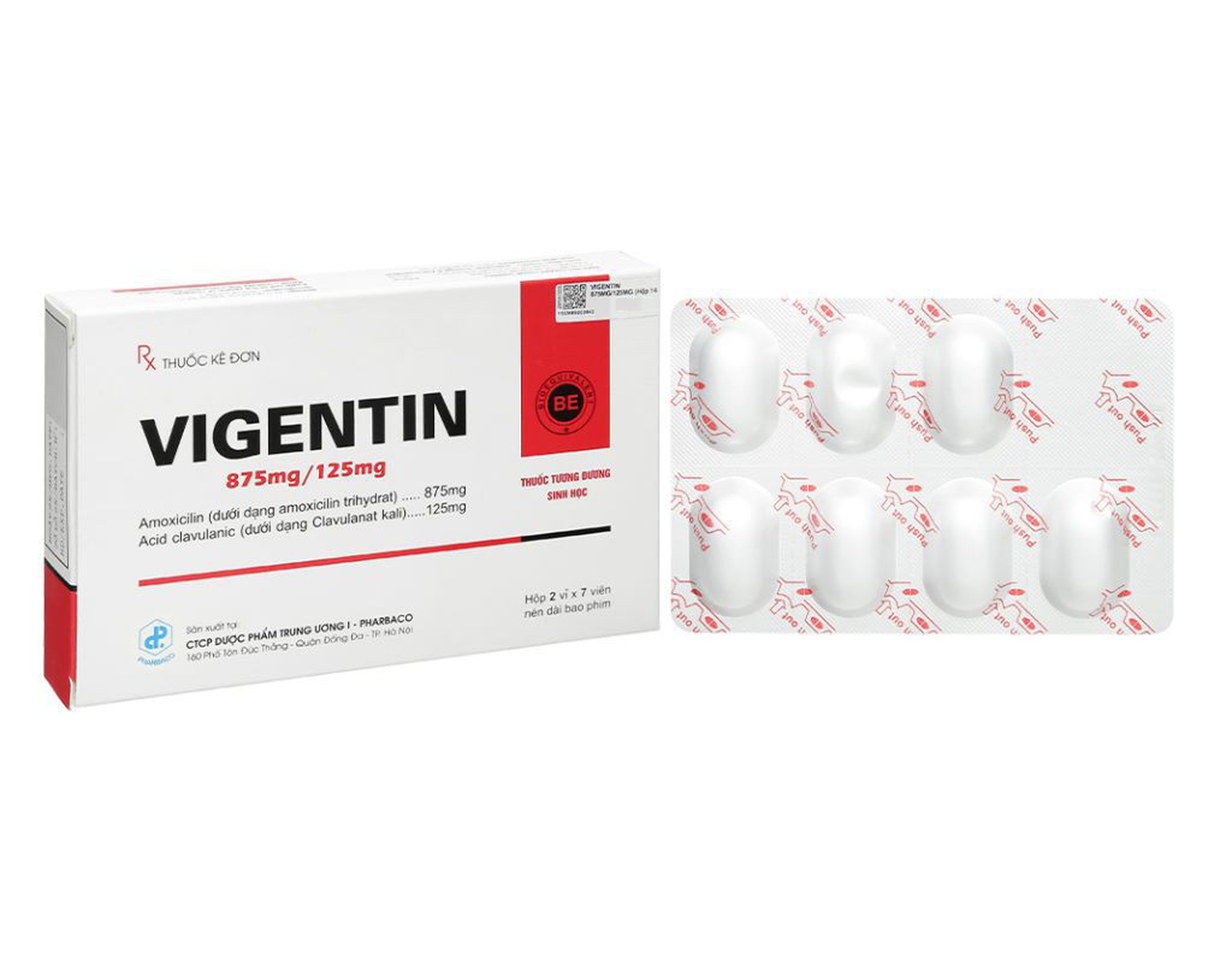 Thuốc Vigentin 875mg/125mg Pharbaco điều trị các chứng nhiễm khuẩn (2 vỉ * 7 viên)