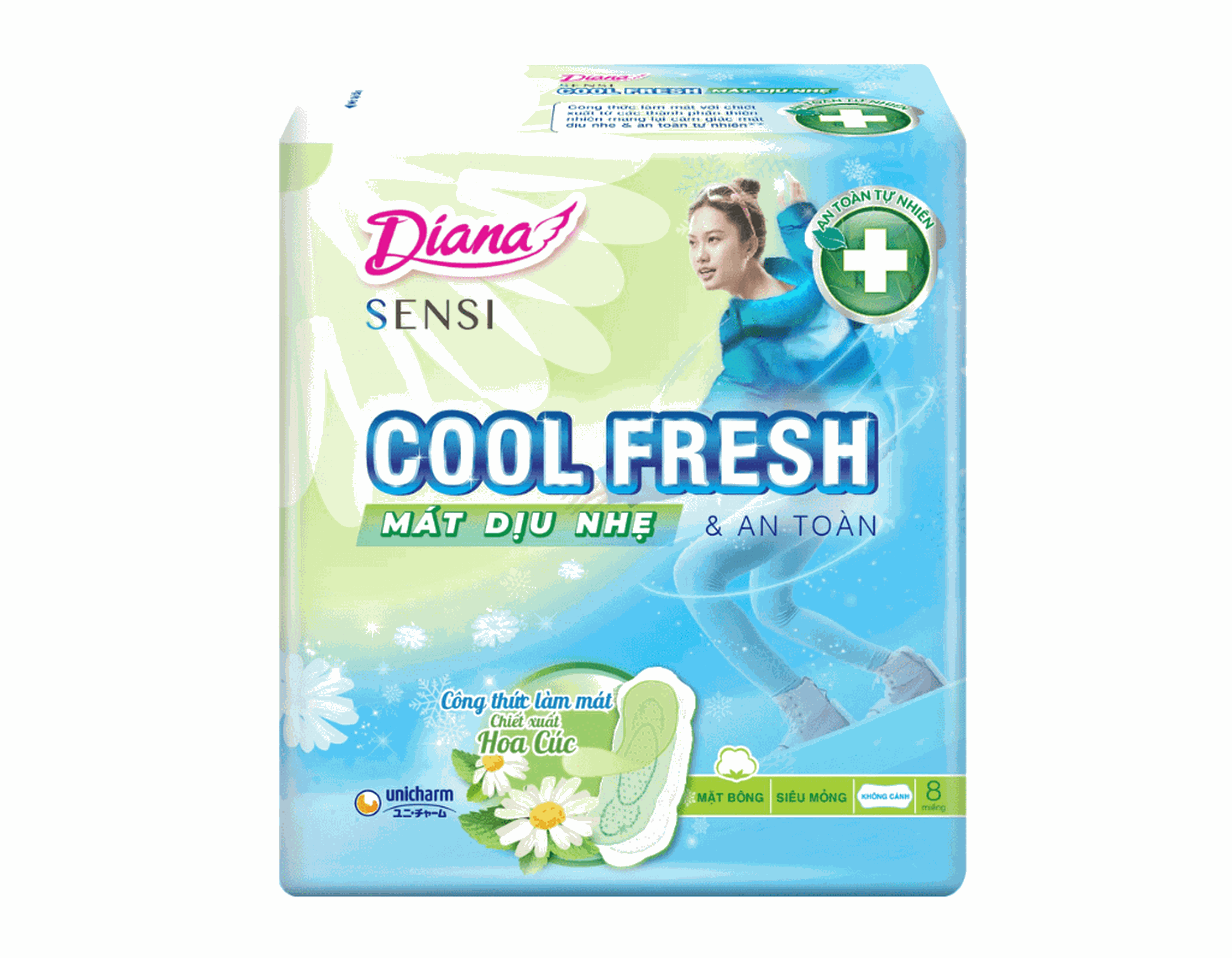 Băng vệ sinh Diana Sensi Cool Fresh mát dịu nhẹ siêu mỏng cánh (Gói 8+1 miếng)