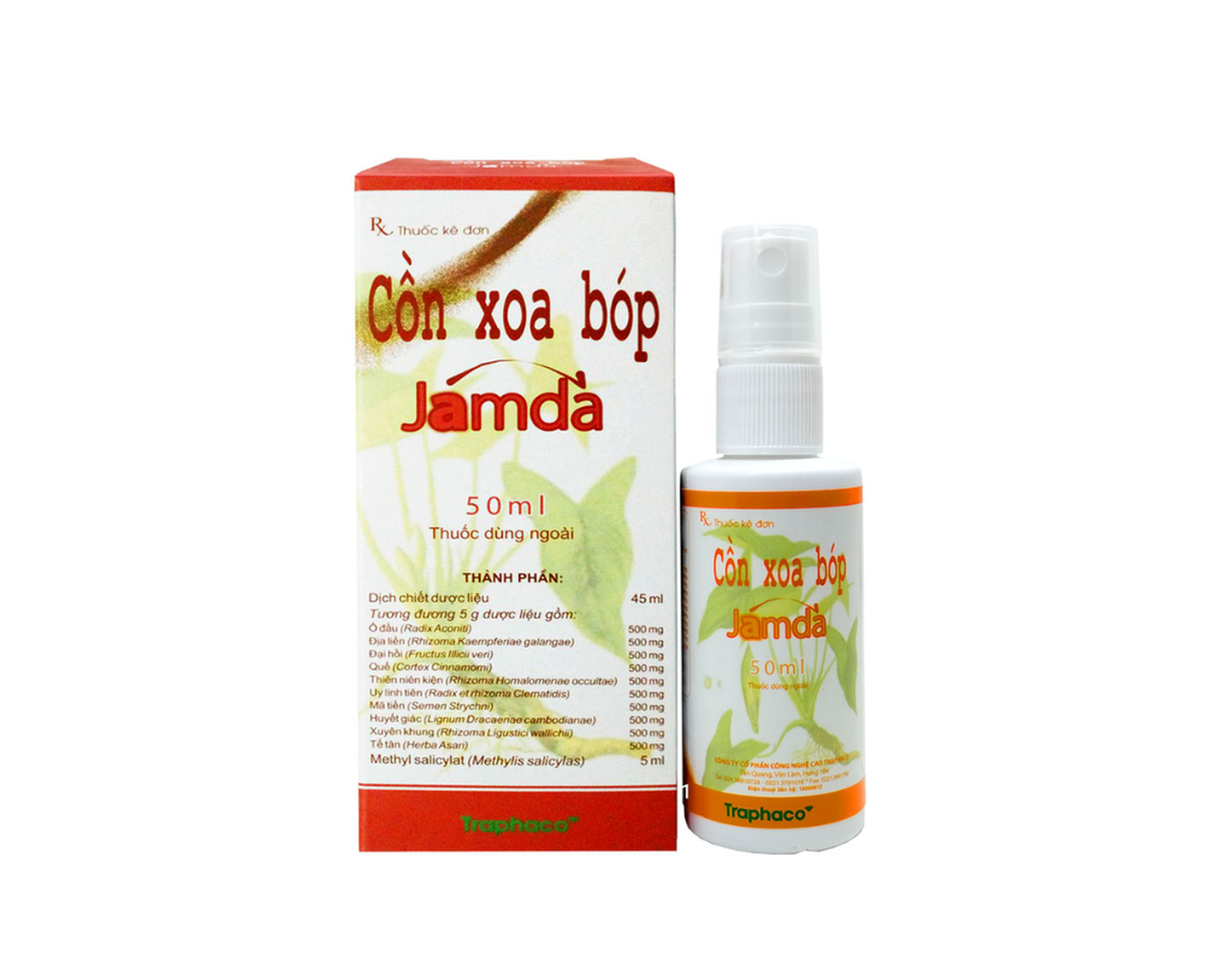 Cồn xoa bóp Jamda Traphaco điều trị đau nhức các khớp xương cơ gân bắp thịt, đau lưng, mỏi gối (Hộp 1 lọ 50ml)