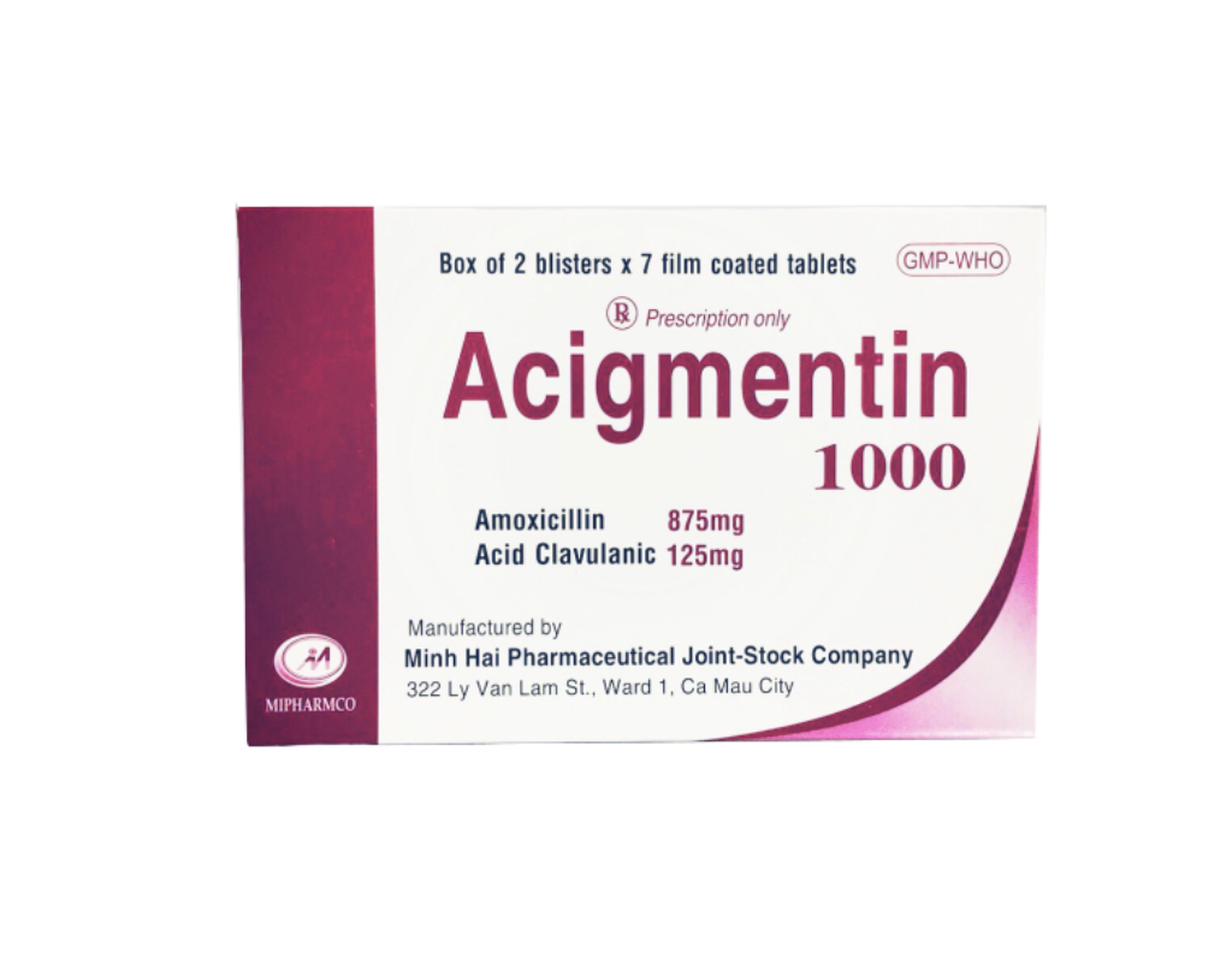 Thuốc Acigmentin 1000 Minh Hải điều trị nhiễm khuẩn gram dương và gram âm (Hộp 2 vỉ x 7 viên)