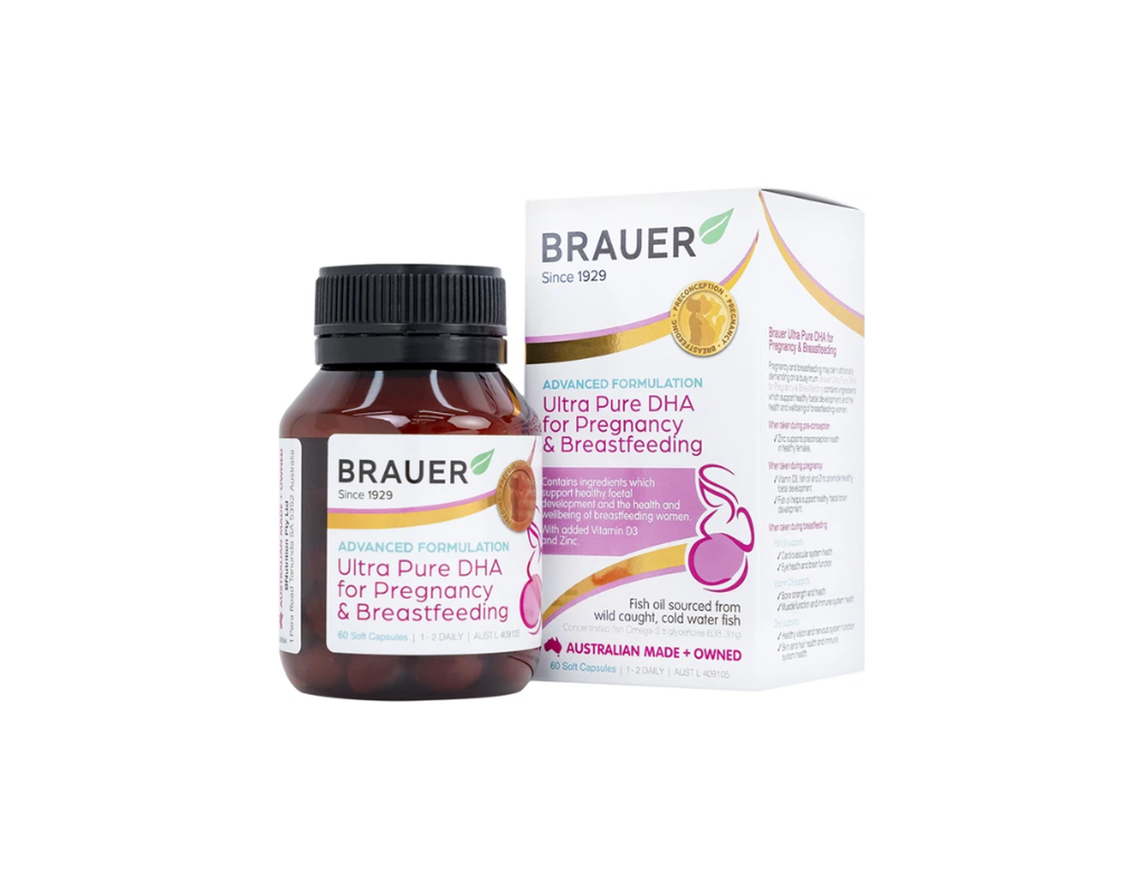Viên uống Brauer Ultra Pure Dha For Pregnancy & Breastfeeding Cap bổ sung vitamin, khoáng chất cho phụ nữ có thai và cho con bú (Lọ 60 viên)
