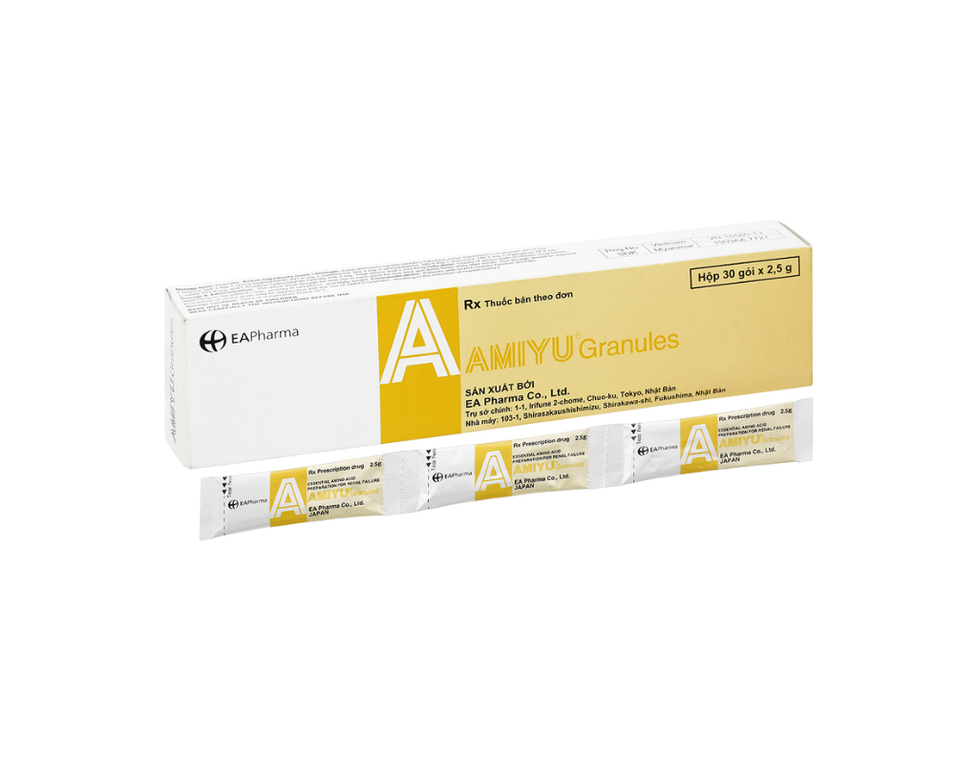 Thuốc bột Amiyu Granules 2.5g EA Pharma cung cấp các acid amin trong suy thận mạn tính (Hộp 30 gói x 2,5g)