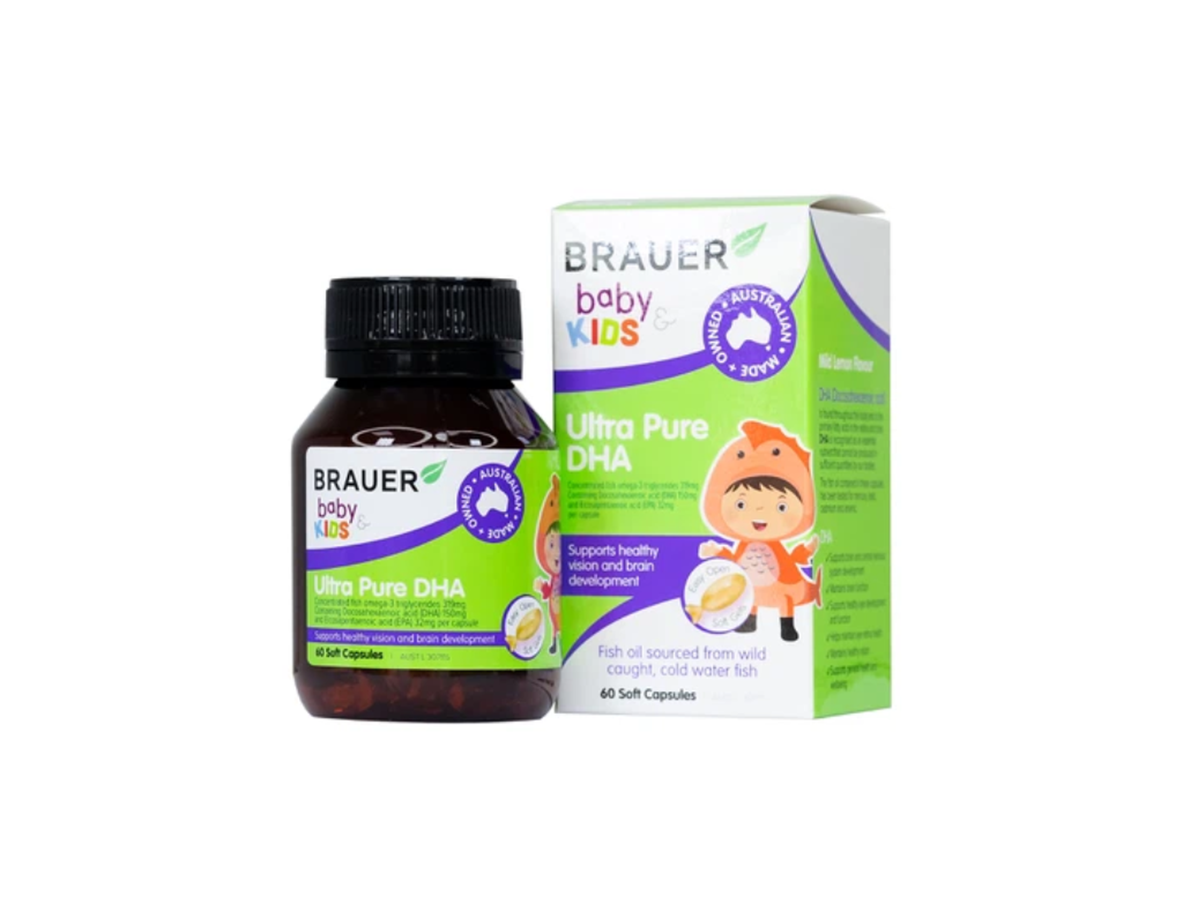 Viên uống Brauer Baby & Kids Ultra Pure DHA hỗ trợ phát triển não bổ, sức khỏe cho mắt (Hộp 60 viên)
