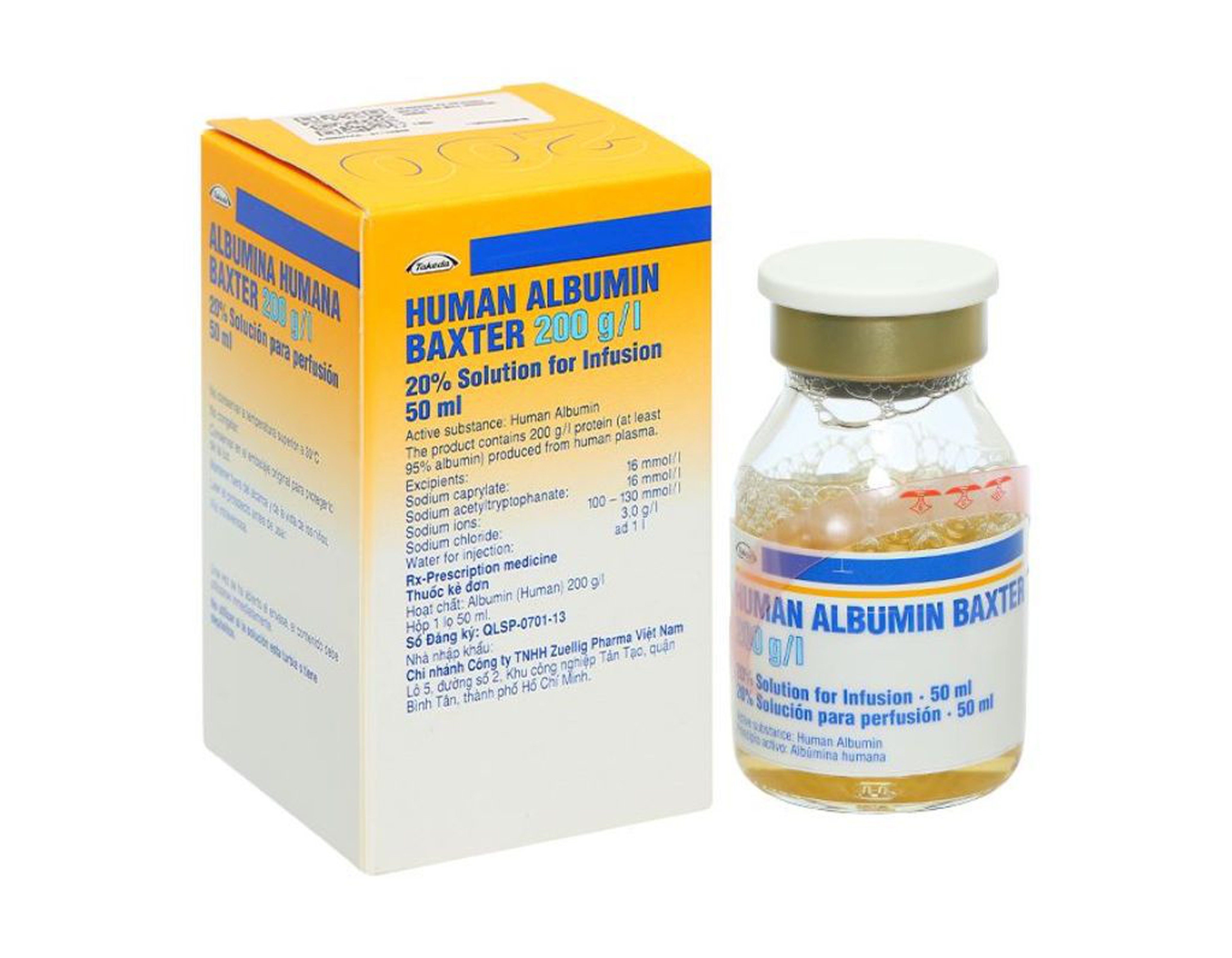 Dung dịch tiêm Human Albumin Baxter 200g/l phục hồi và duy trì thể tích máu (Chai 50ml)