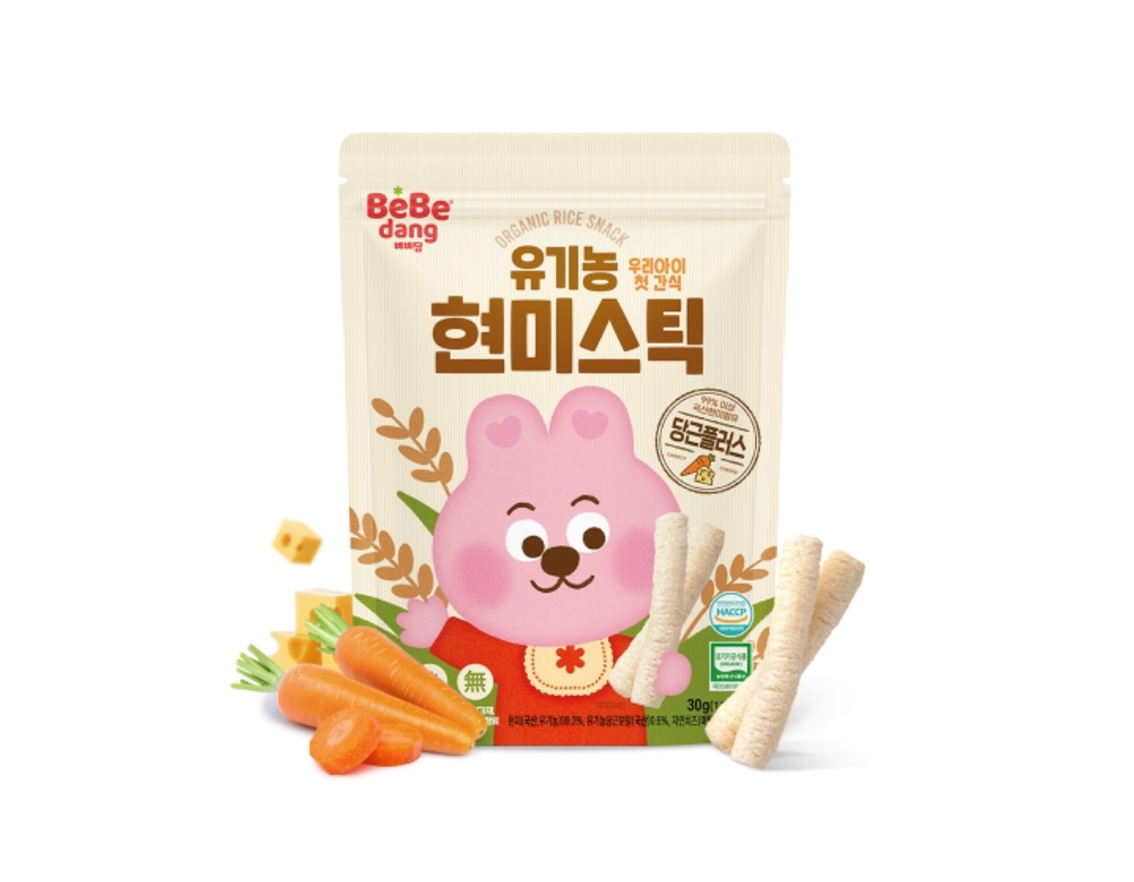 Bánh gạo lứt hữu cơ phô mai cà rốt hình que Plus Bebedang cung cấp các chất dinh dưỡng cần thiết cho bé (Gói 30g)