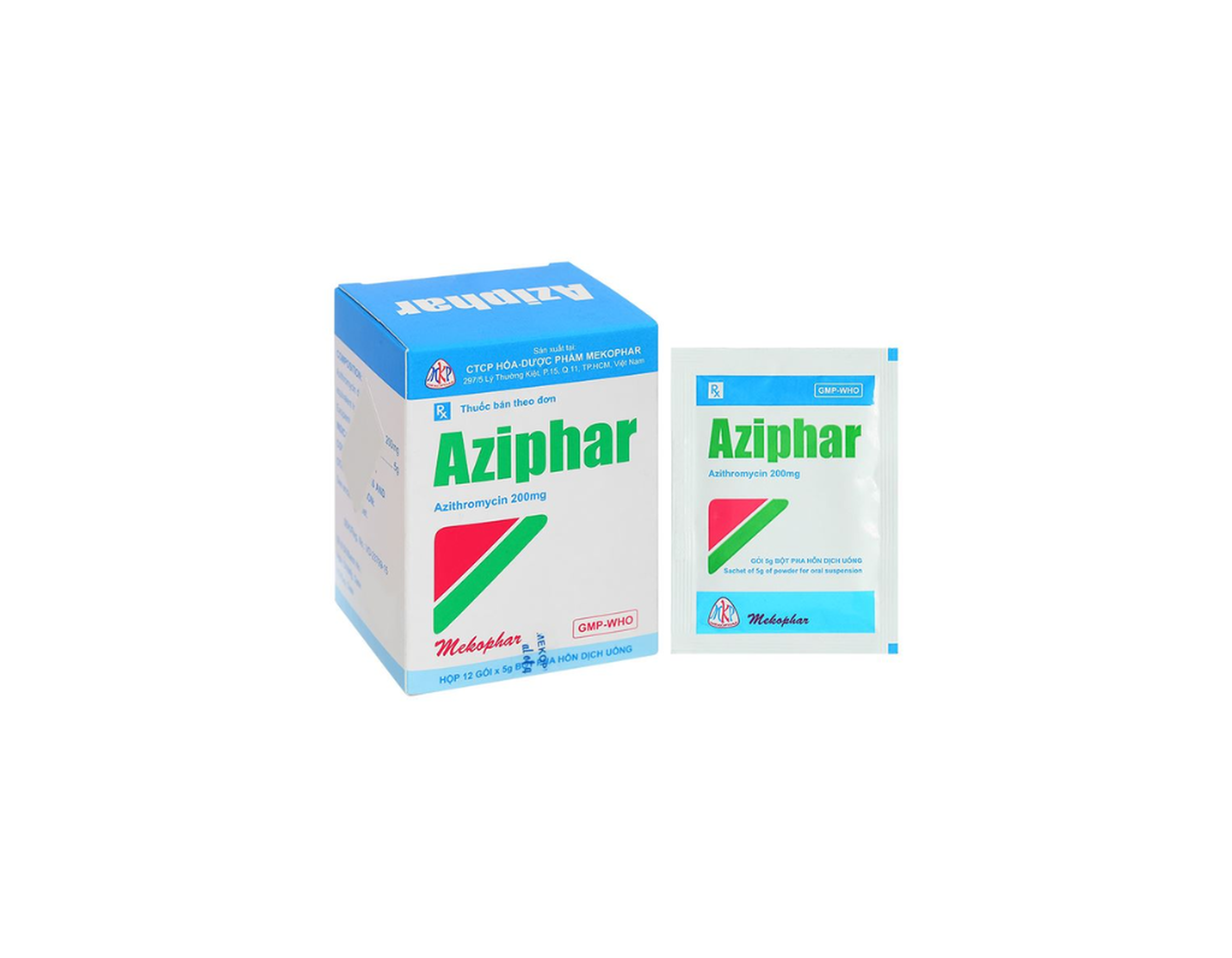 Thuốc Aziphar Mekophar điều trị nhiễm khuẩn đường hô hấp dưới, viêm phế quản cấp (Hộp 12 gói)