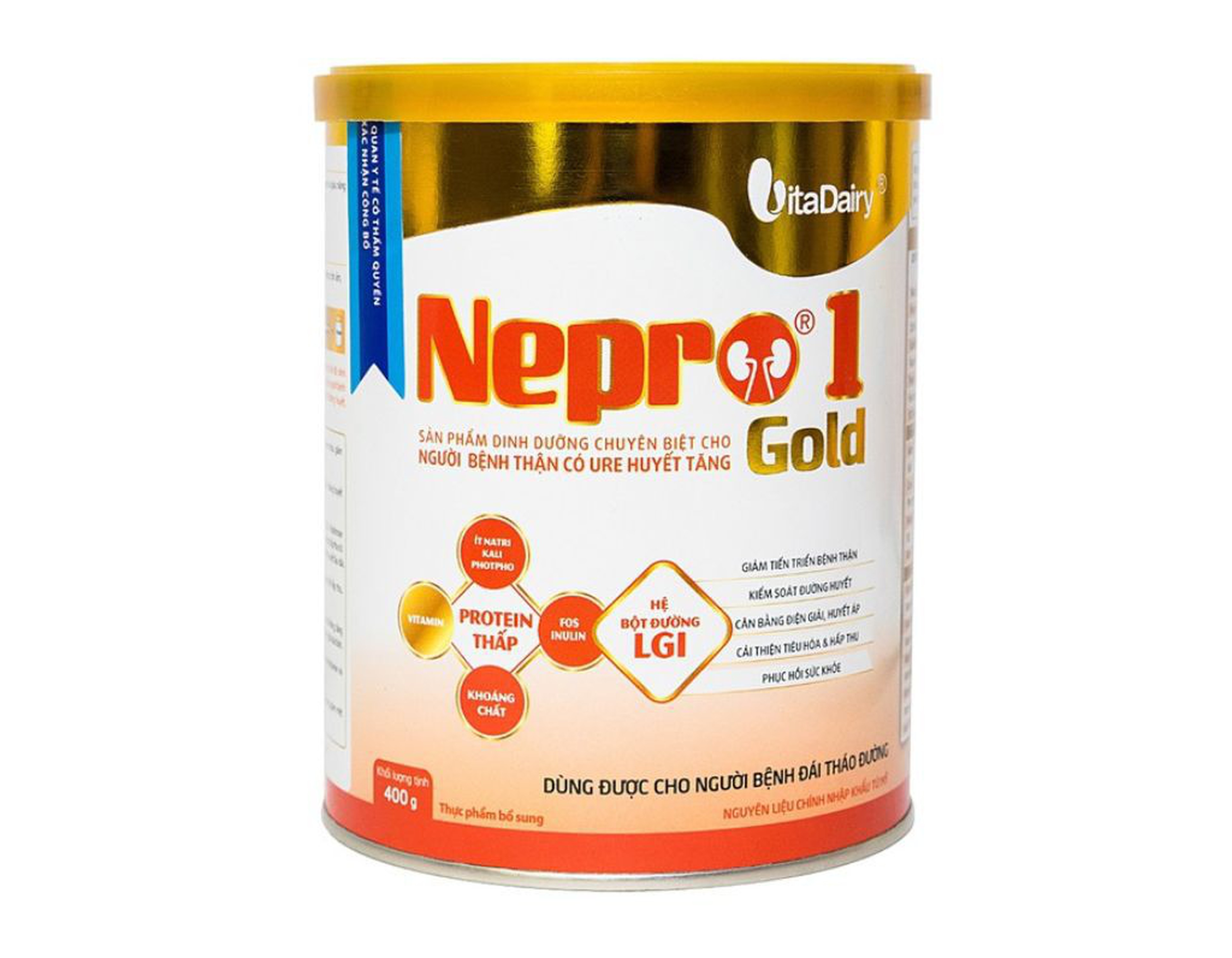 Sữa bột Nepro 1 Gold VitaDairy bổ sung dinh dưỡng giảm protein dành cho người bệnh đái tháo đường (Hộp 400g)