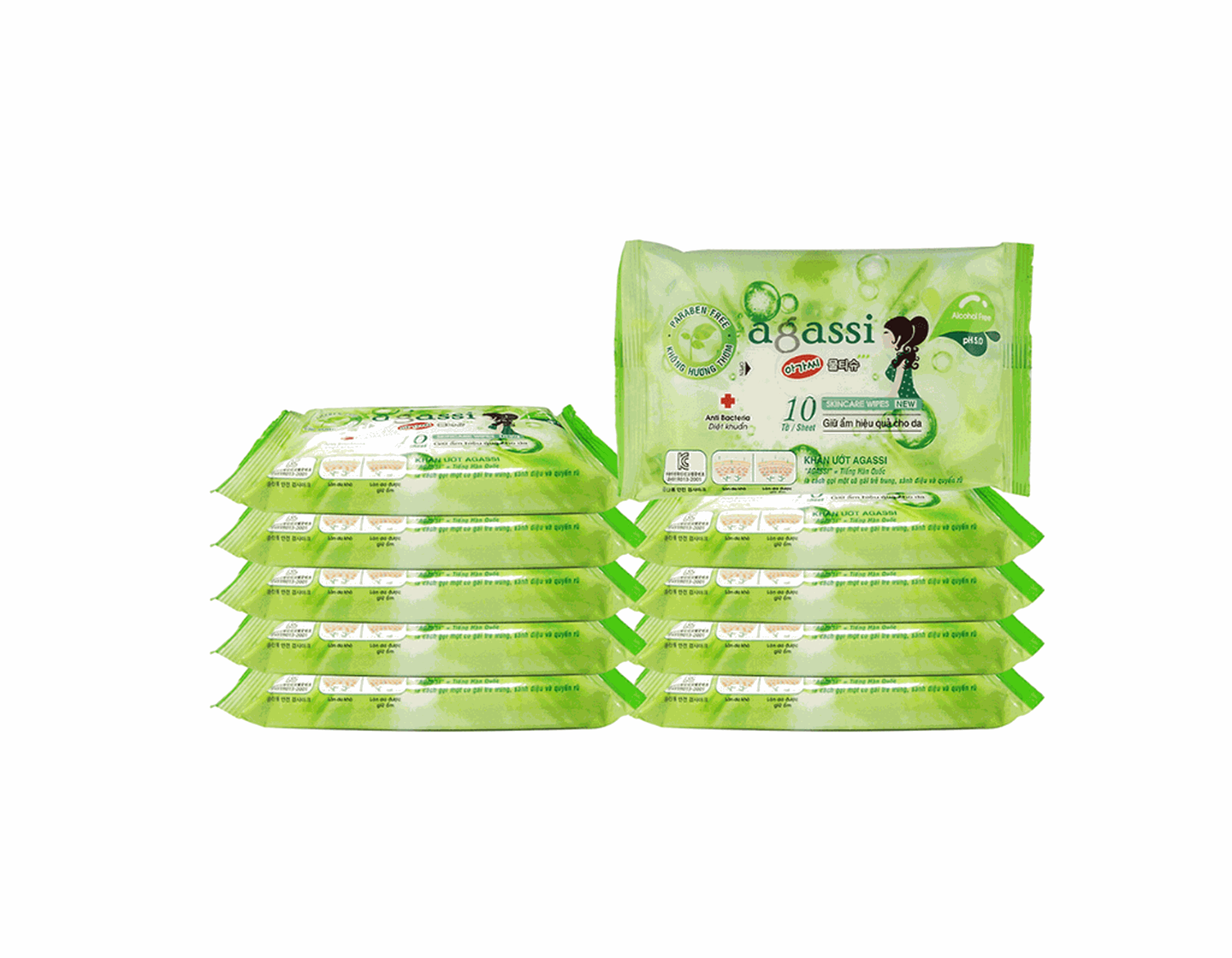 Khăn ướt diệt khuẩn Agassi xanh lá không mùi (gói 10 miếng)