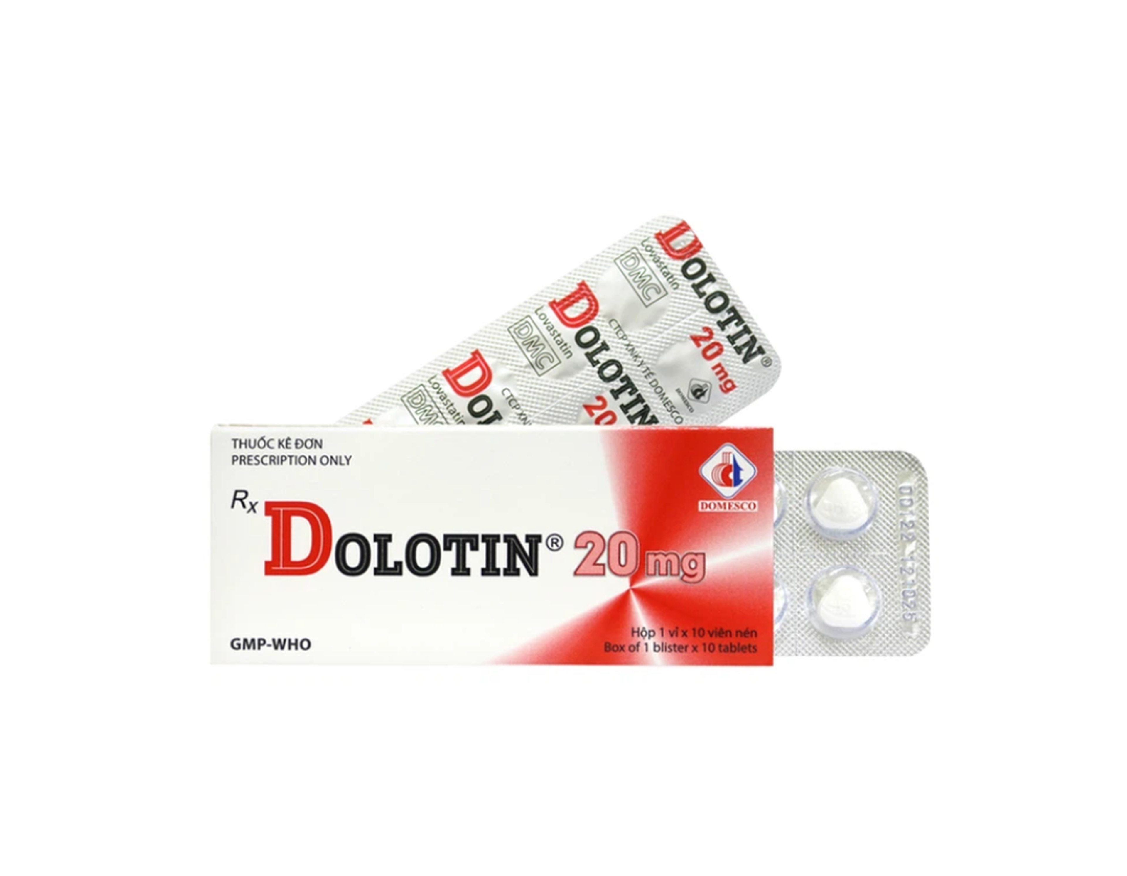Thuốc Dolotin 20mg dự phòng tiên phát và điều trị bệnh mạch vành, điều trị tăng cholesterol huyết (Hộp 1 vỉ x 10 viên)